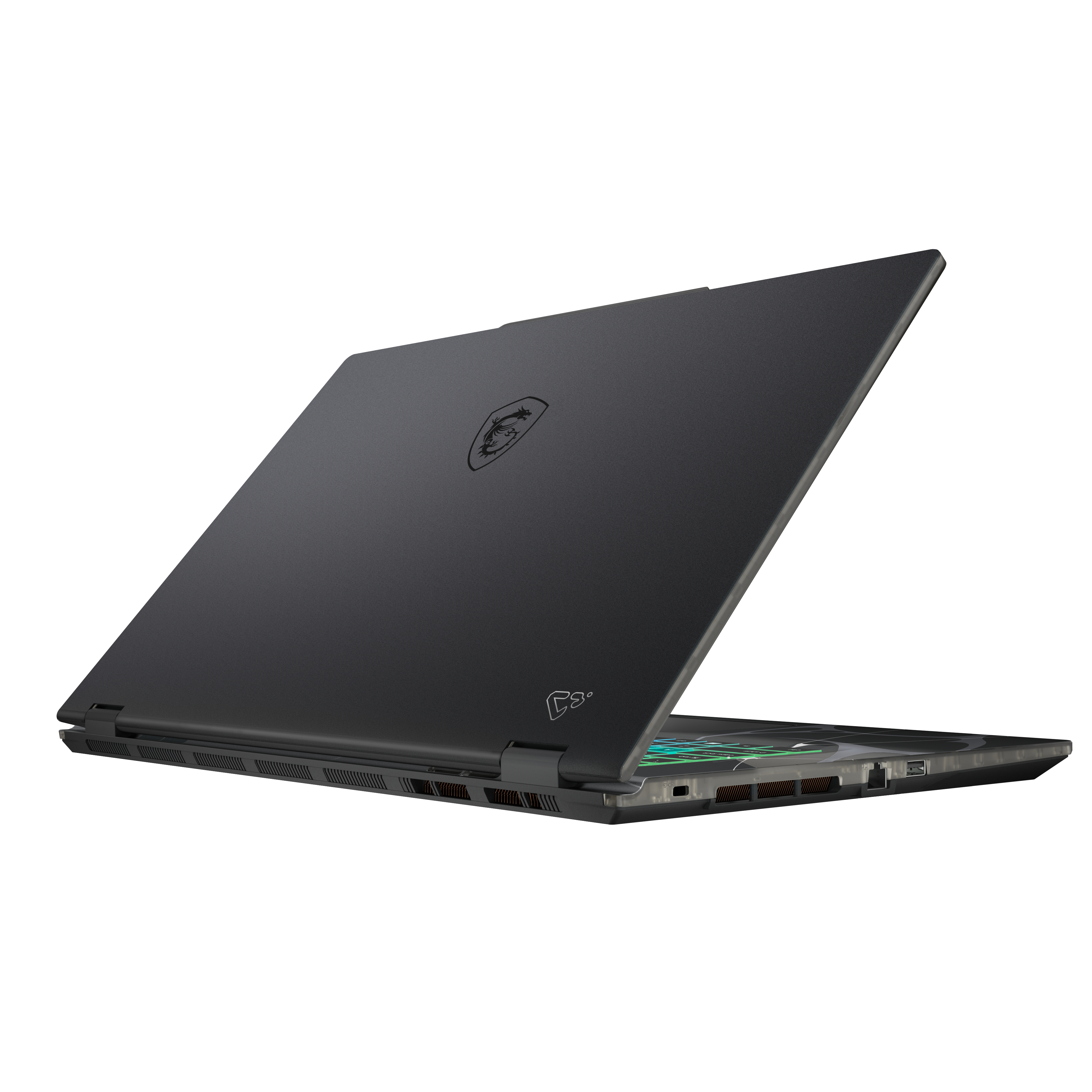 Ordinateur portable noir, couvercle ouvert, logo dragon sur le dessus.