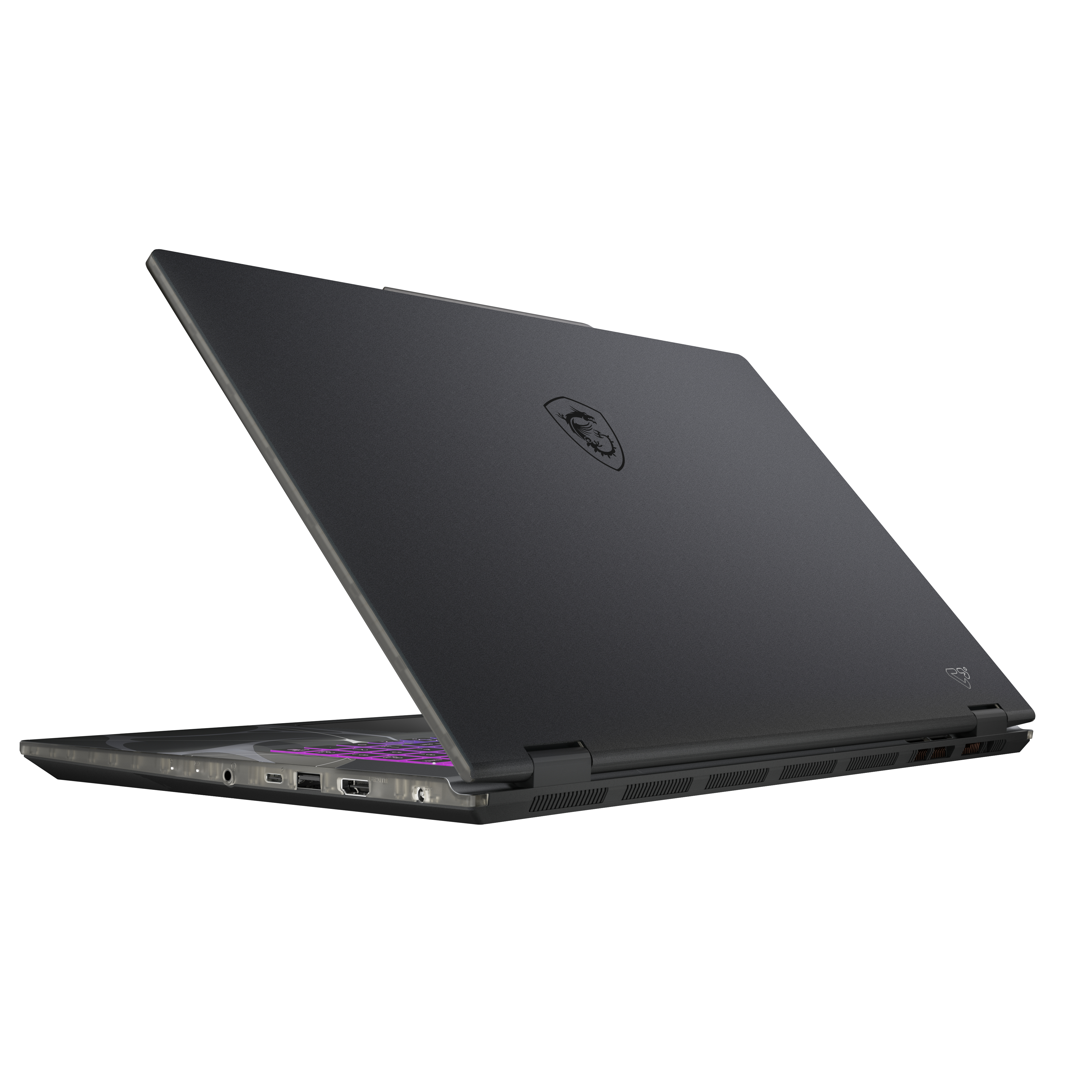 Ordinateur portable MSI noir, écran ouvert, clavier illuminé visible.