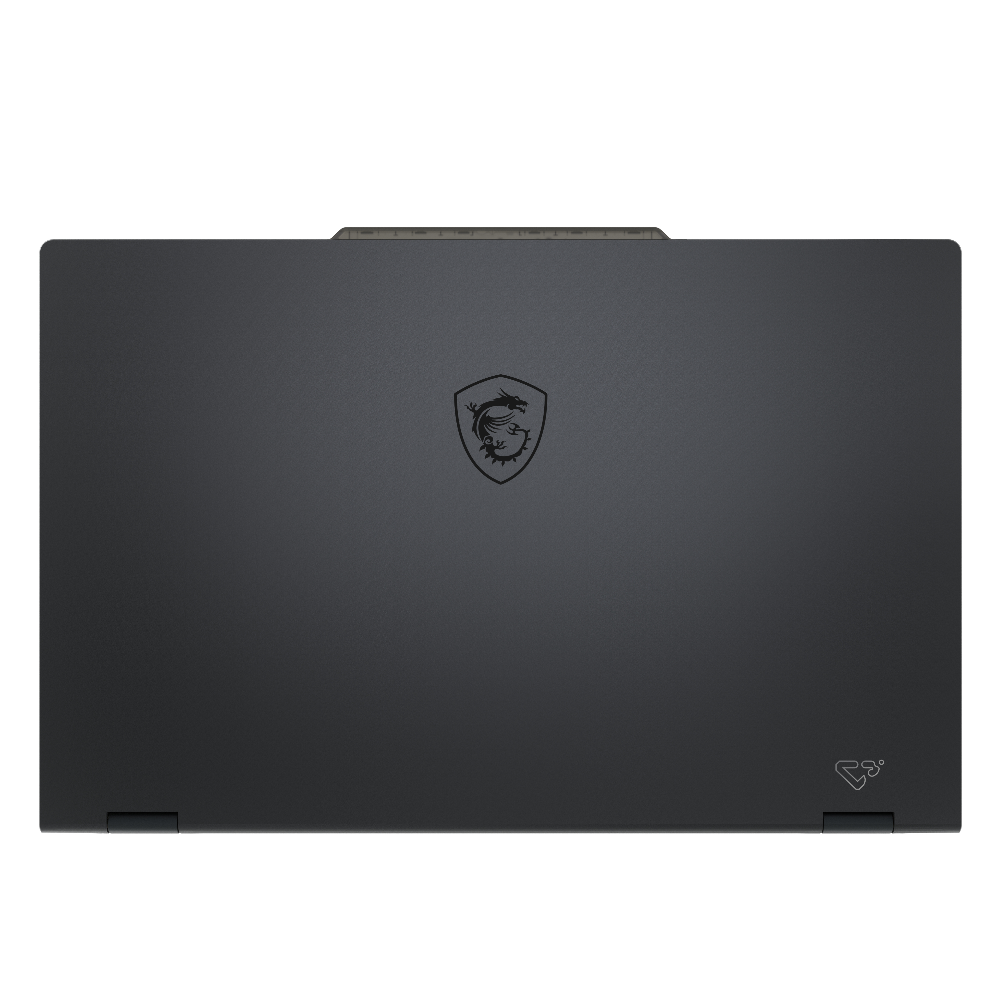 Ordinateur portable noir fermé avec logo dragon MSI et petite icône.