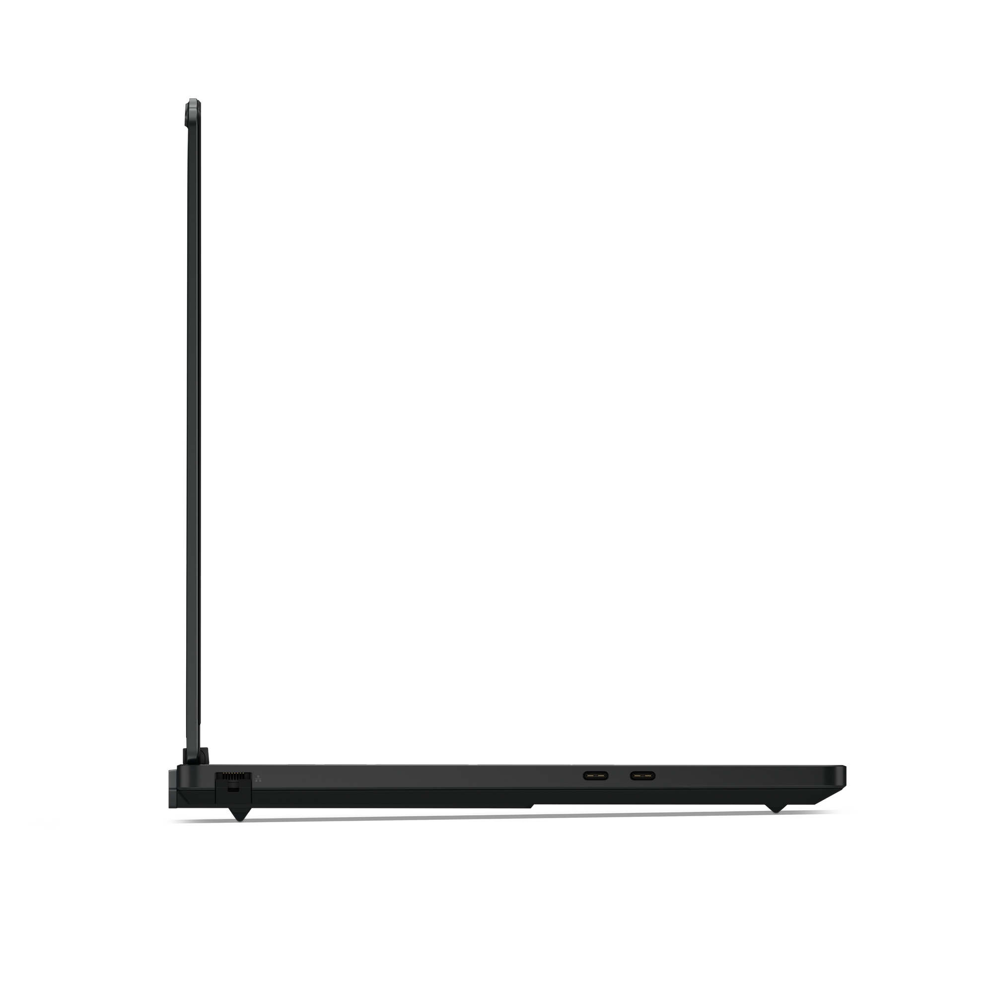 Laptop nero di profilo, schermo aperto, con porte visibili sulla base.