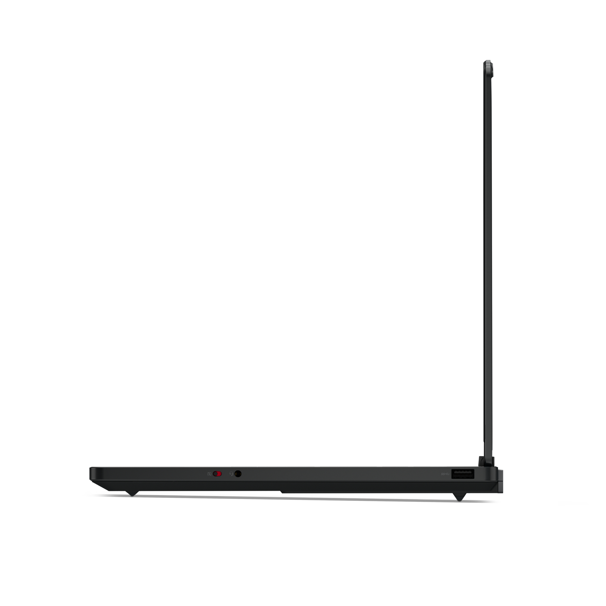 Laptop nero di profilo, schermo verticale. Porte visibili.