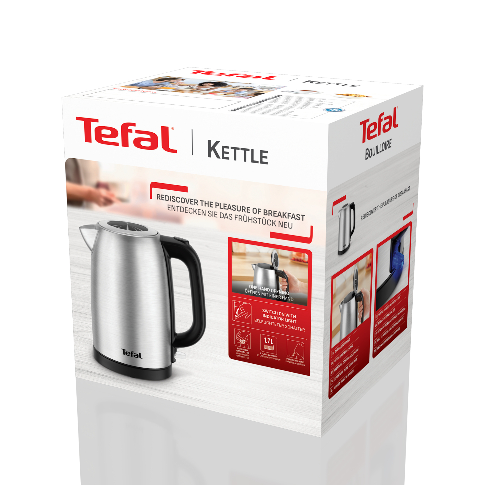 Verpackung eines silbernen Tefal Wasserkochers mit schwarzen Details und Produktmerkmalen.