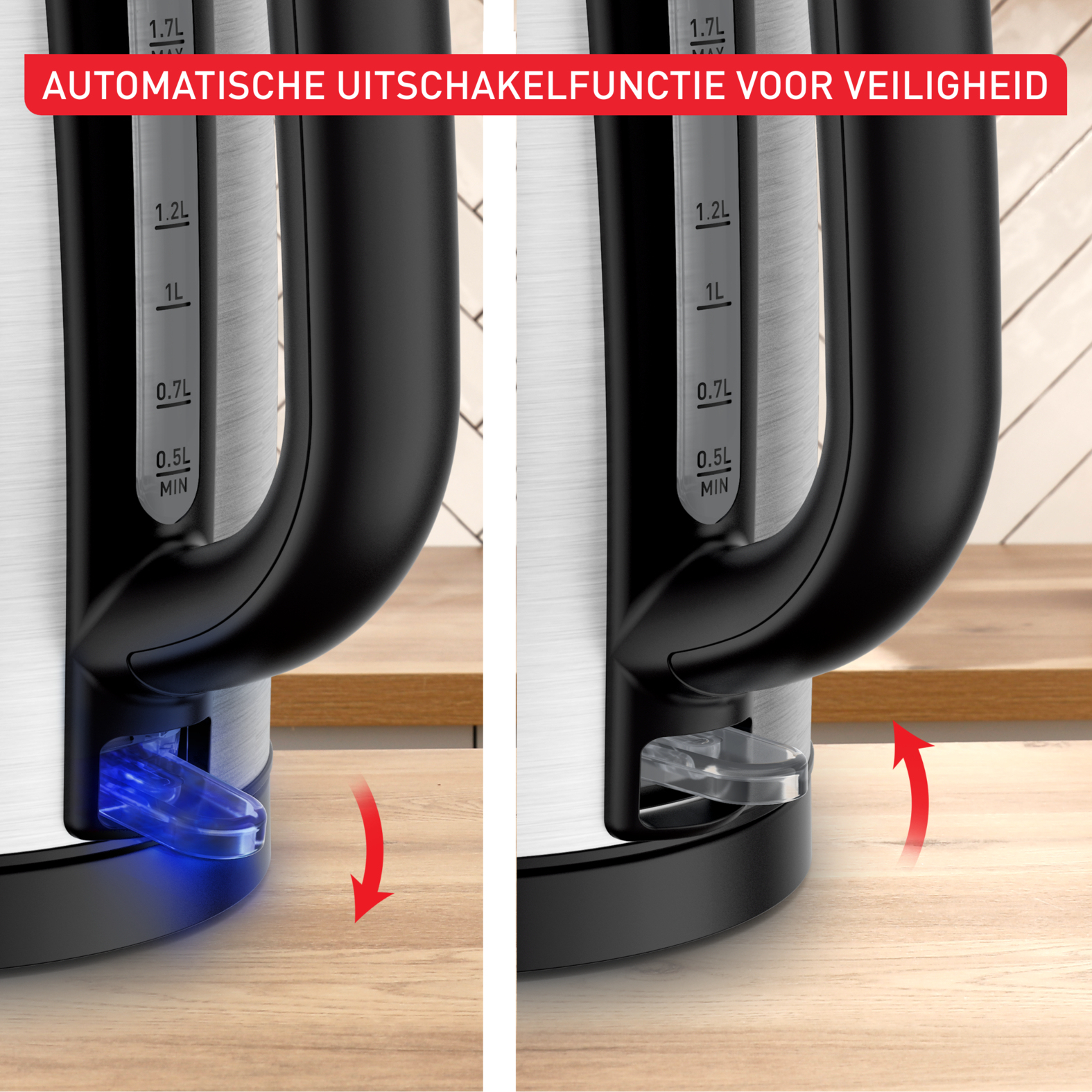 Wasserkocher mit Anzeige für Wasserstand und automatischer Abschaltung.