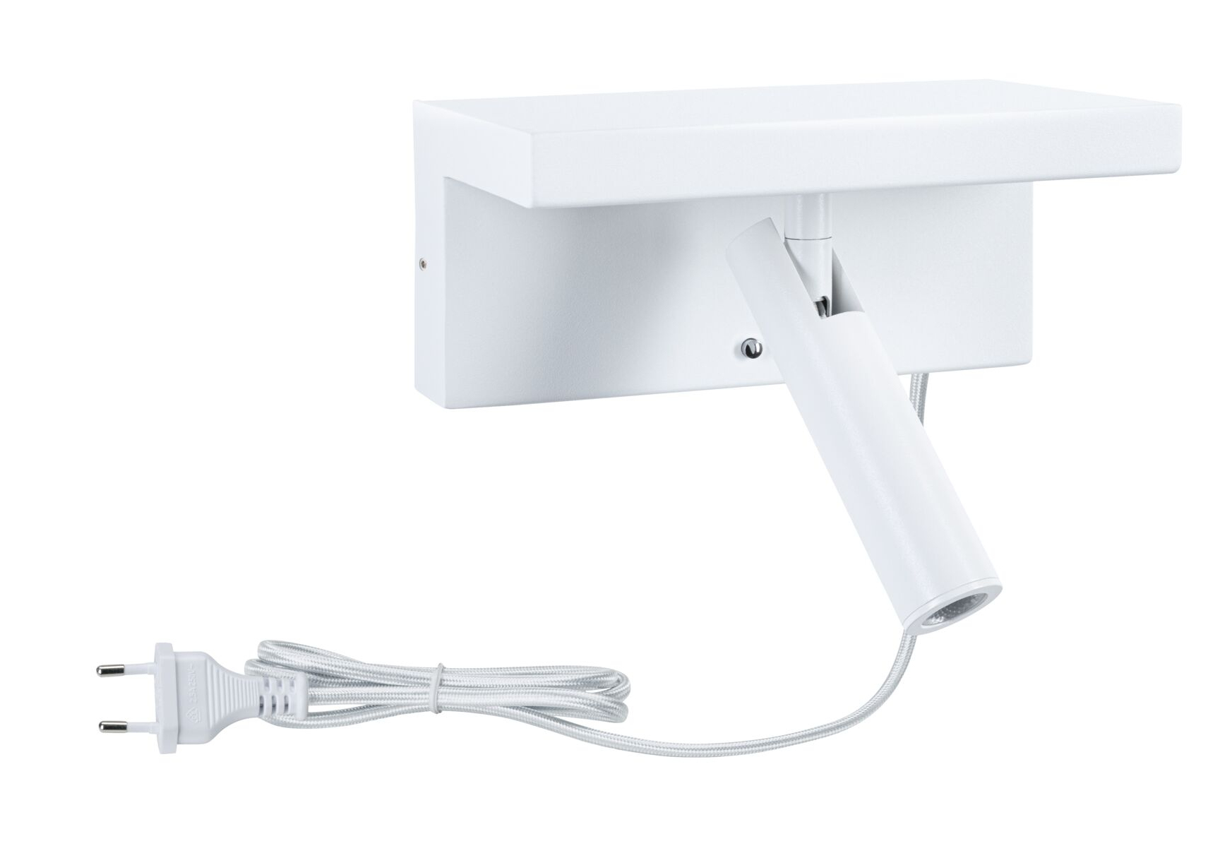 Eine weiße Wandleuchte mit verstellbarem Spot und einem weißen Kabel mit Stecker.