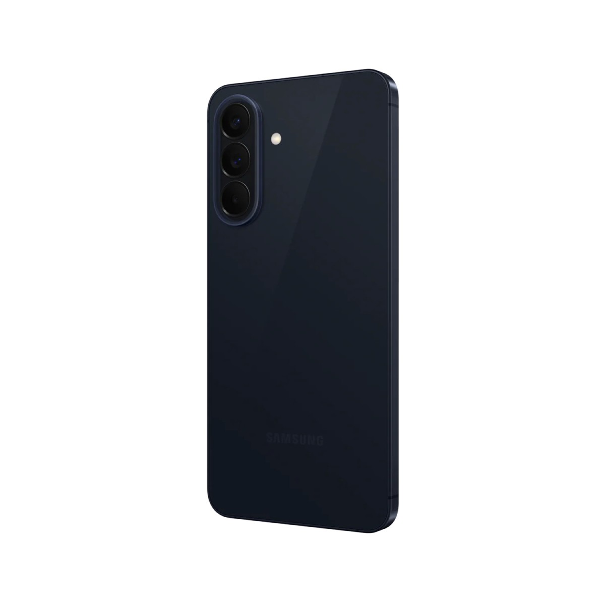 Ciemnoniebieski smartfon Samsung z trzema obiektywami i lampą błyskową. Logo na dole.