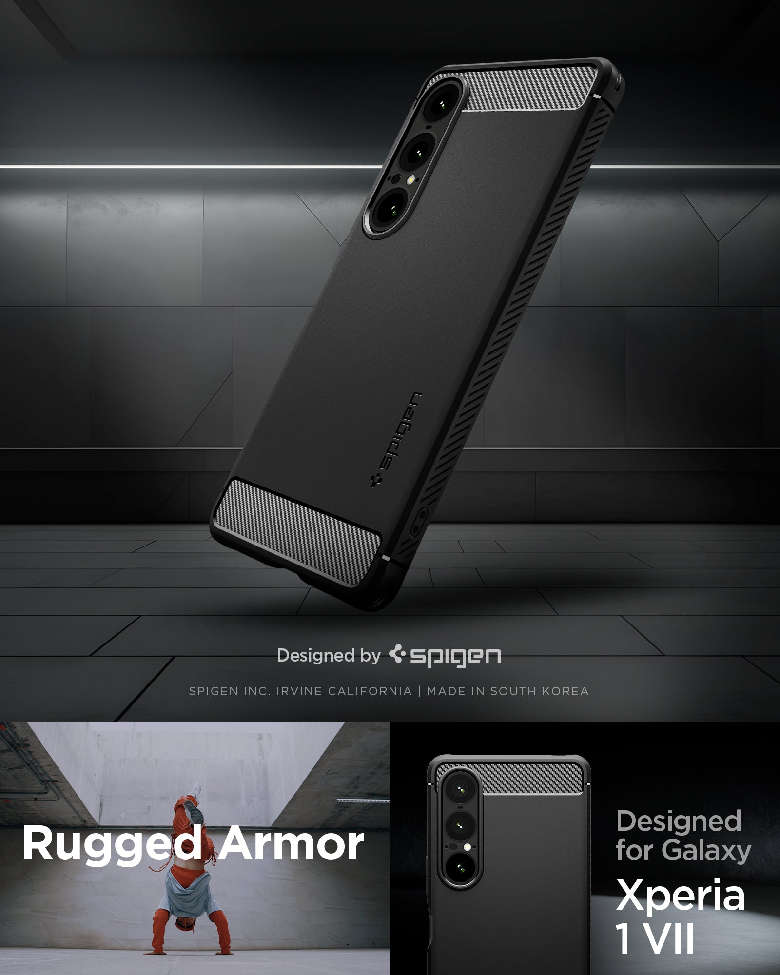 Custodia nera Spigen per Galaxy Xperia 1 VII con motivo carbonio.