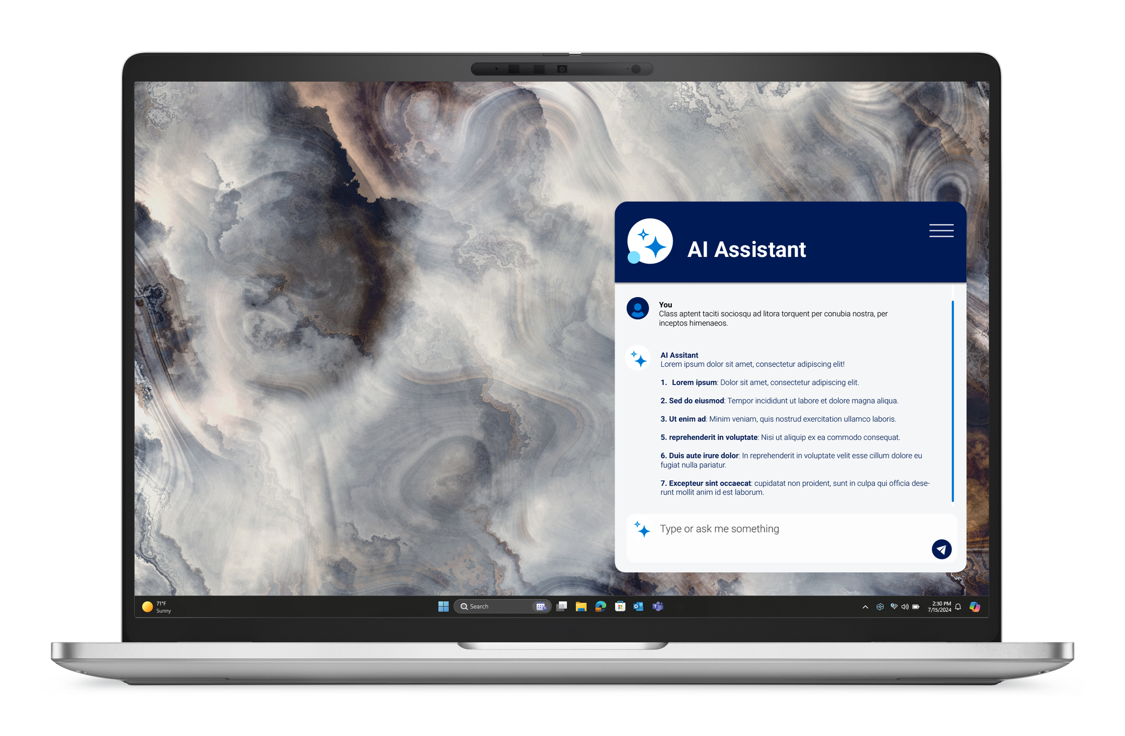 Laptop wyświetla abstrakcyjne tło i okno czatu asystenta AI.