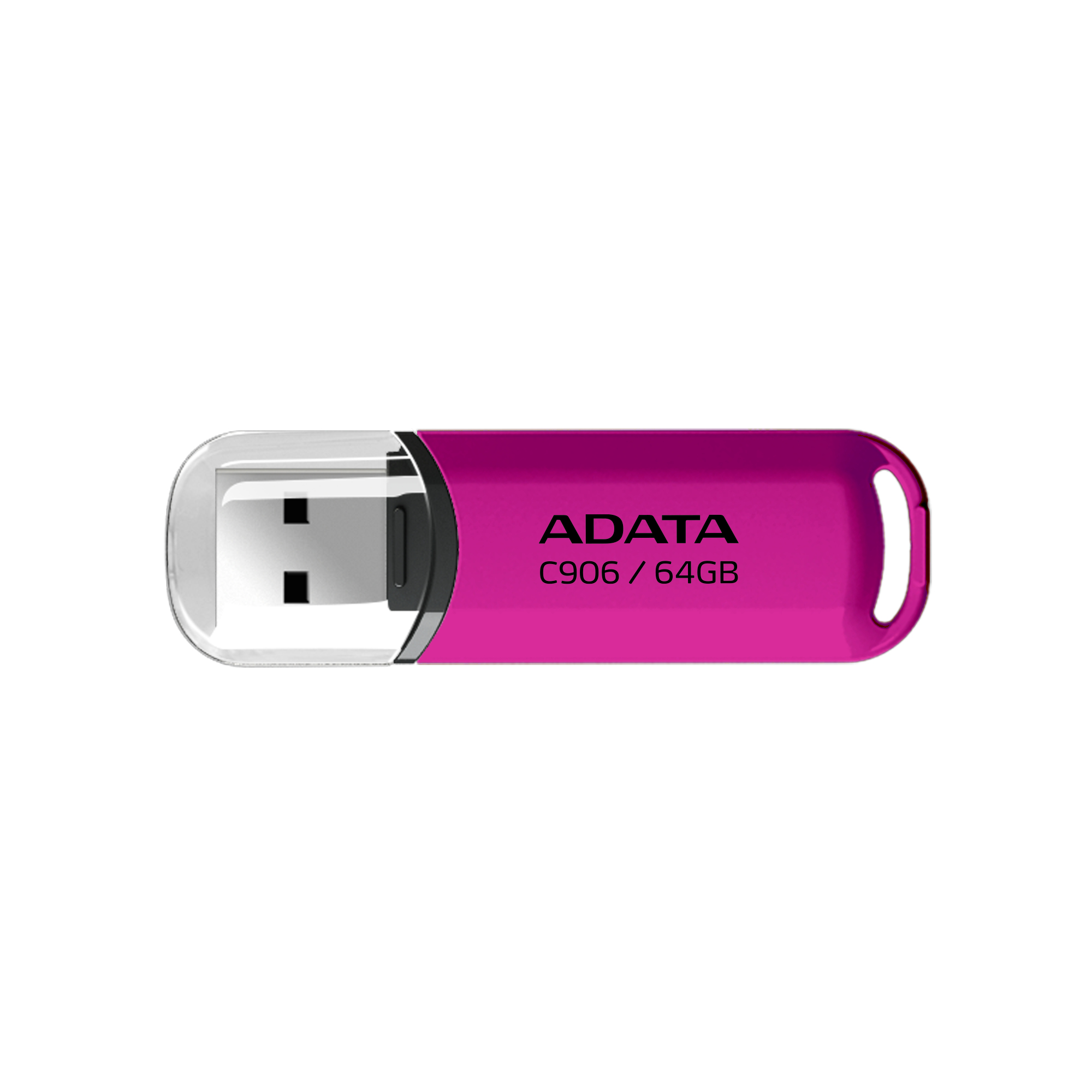 Una chiavetta USB ADATA C906 da 64 GB rosa con cappuccio argentato.