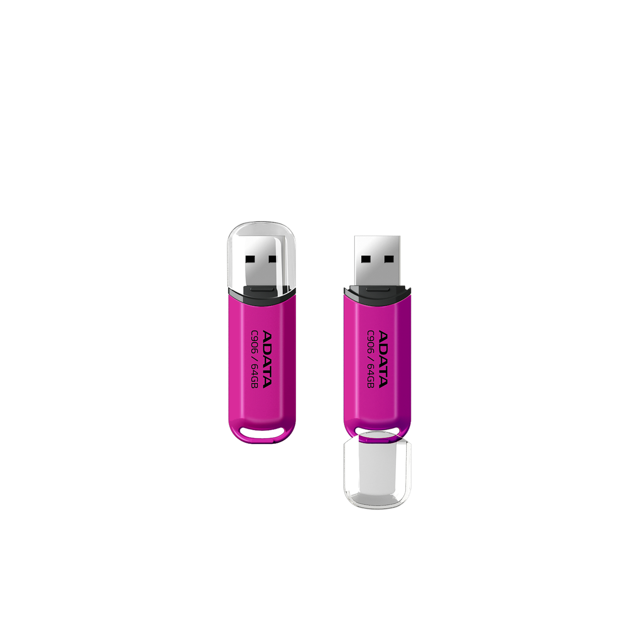 Due chiavette USB ADATA rosa, una senza cappuccio, su sfondo bianco.