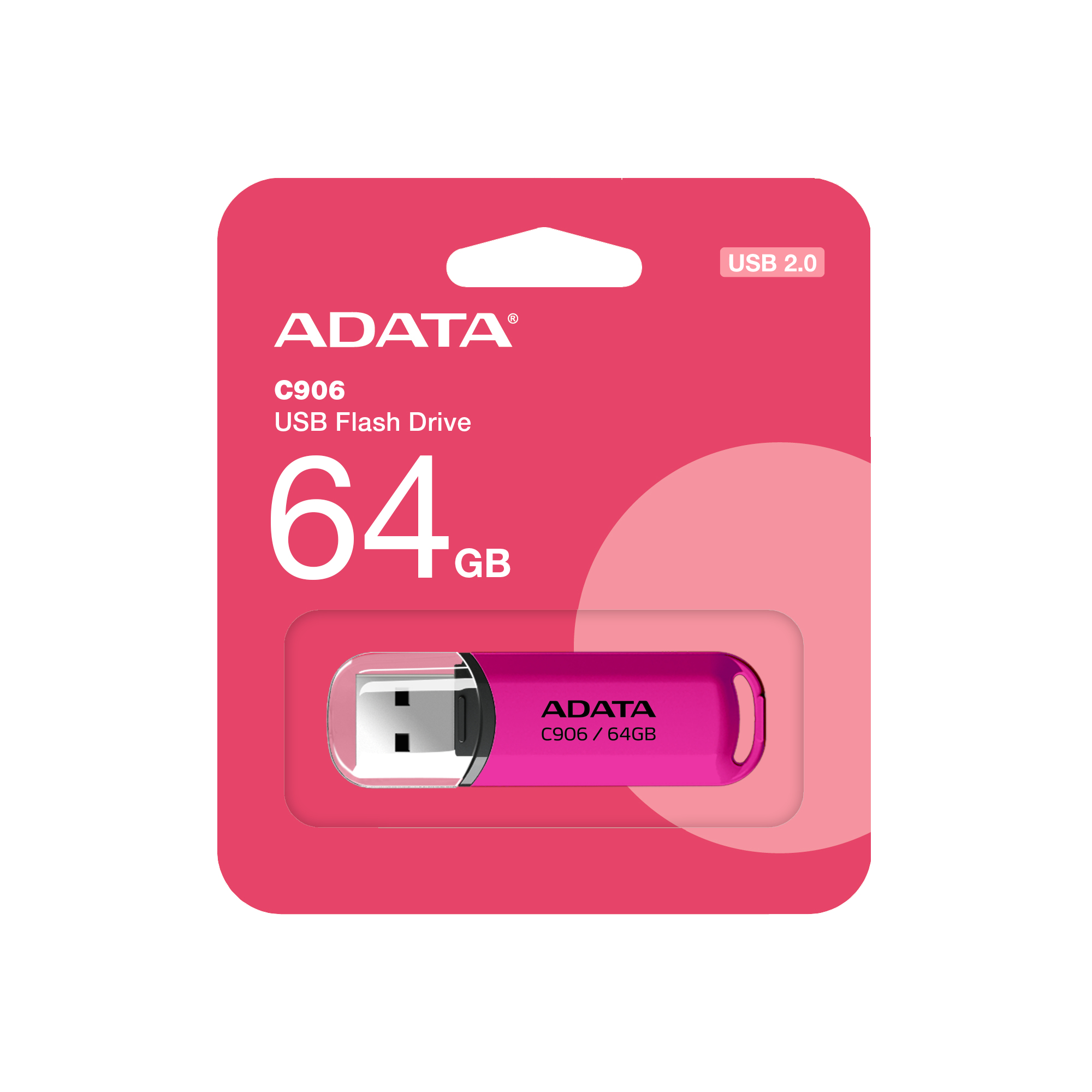 Chiavetta USB ADATA rosa, 64GB, modello C906, in confezione.