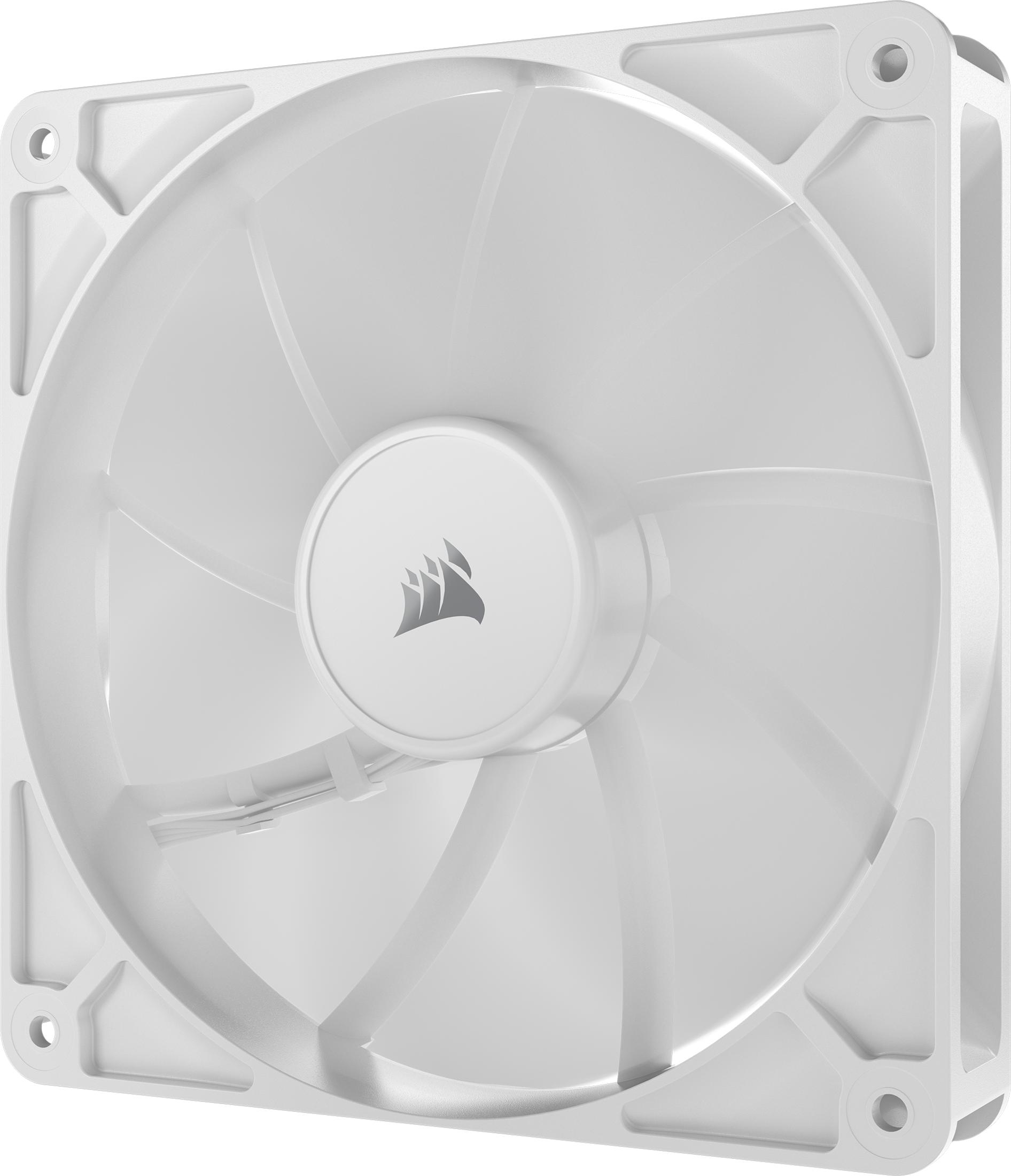 Un ventilateur d'ordinateur blanc à six pales avec un logo gris.