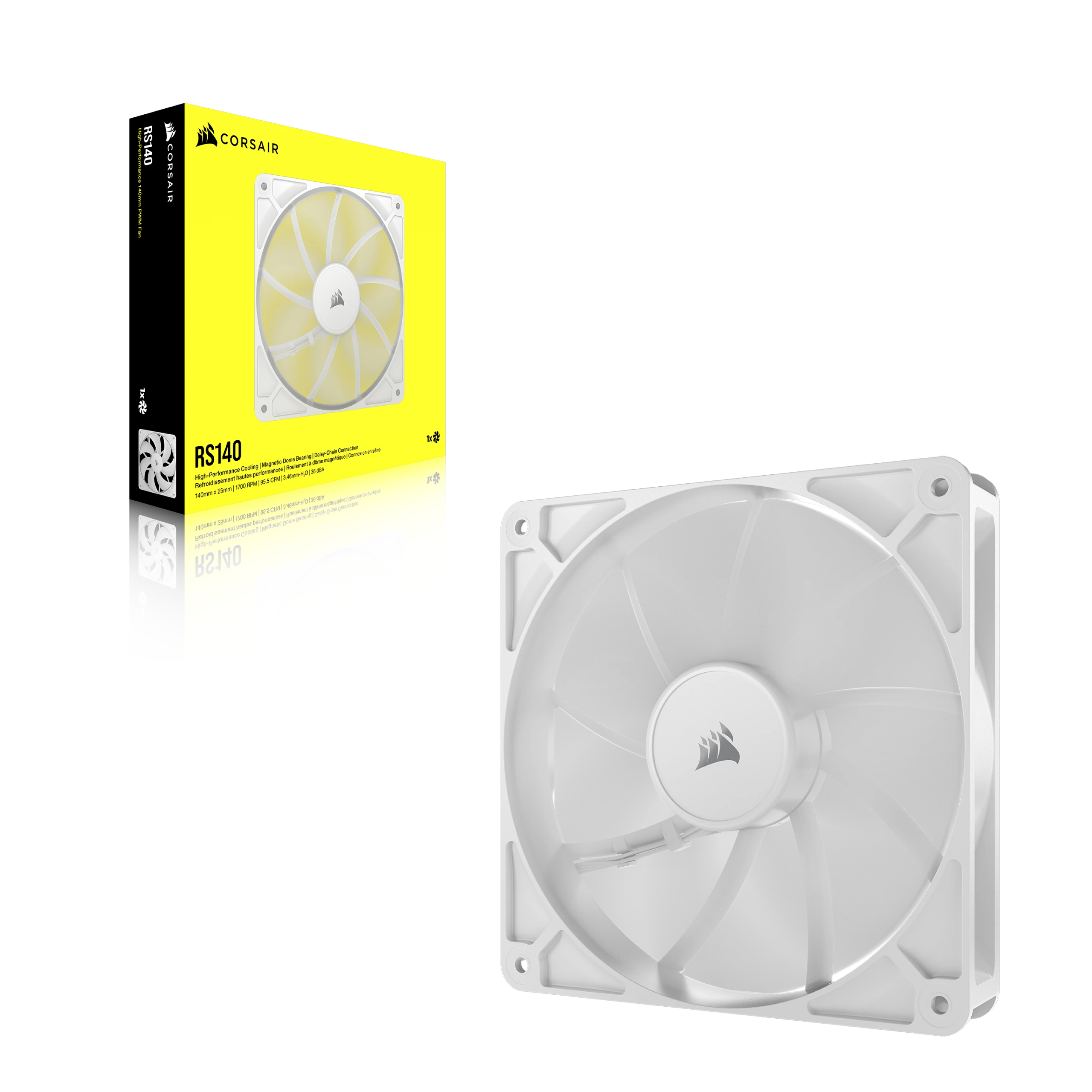 Un ventilateur Corsair RS140 blanc et son emballage jaune.