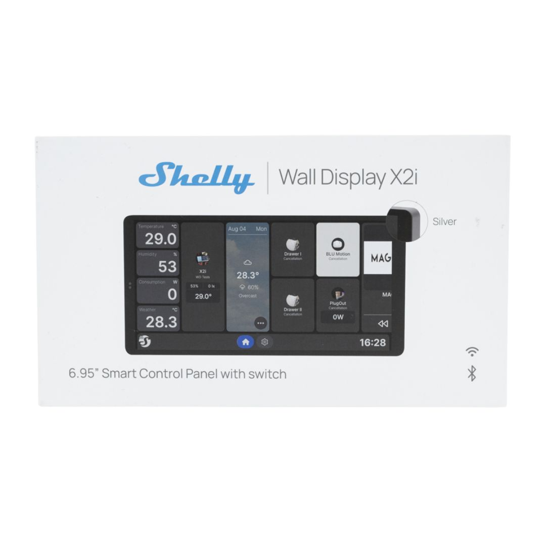 Shelly Wall Display X2i, inteligentny panel sterowania 6,95" z przełącznikiem, pokazuje temp., wilgotność, pogodę.