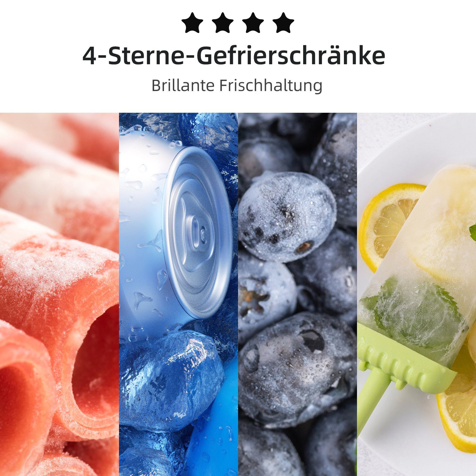 Vier gesplitste afbeeldingen: bevroren rood fruit, blikje in ijs, bosbessen, ijsje met citroen.