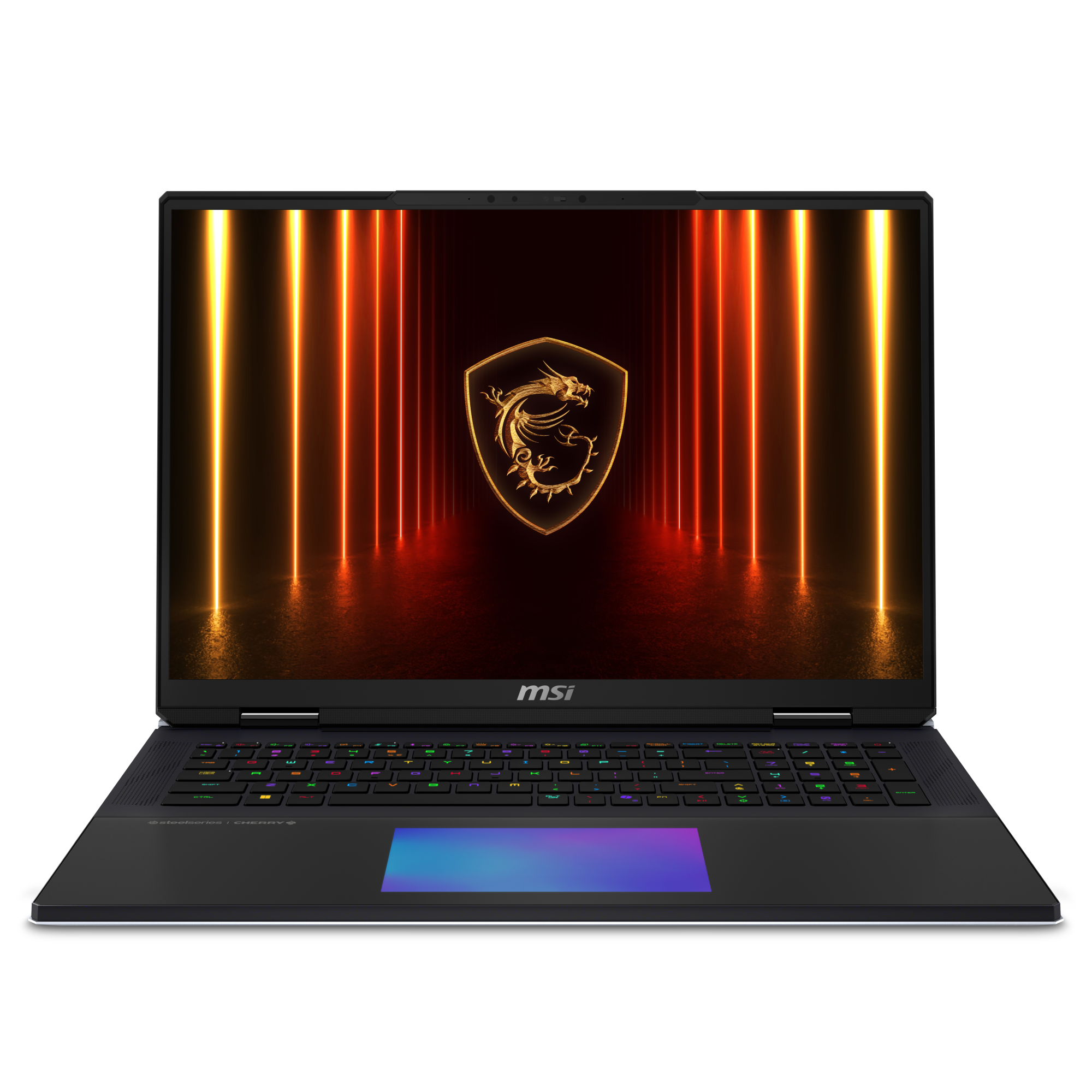 Ein schwarzer MSI Gaming-Laptop mit beleuchteter Tastatur und MSI-Logo auf dem Bildschirm.