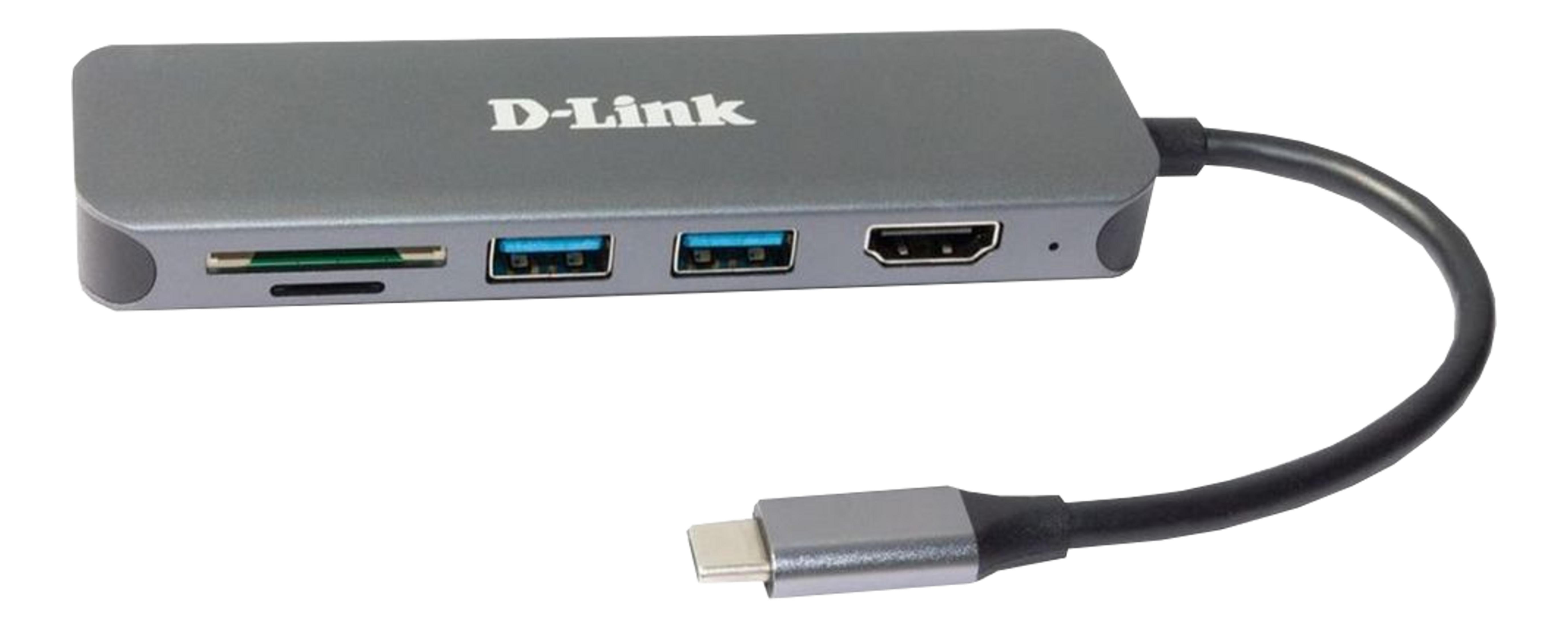 Grauer D-Link USB-C-Hub mit SD-Kartenleser, 2 USB-Anschlüssen und HDMI.