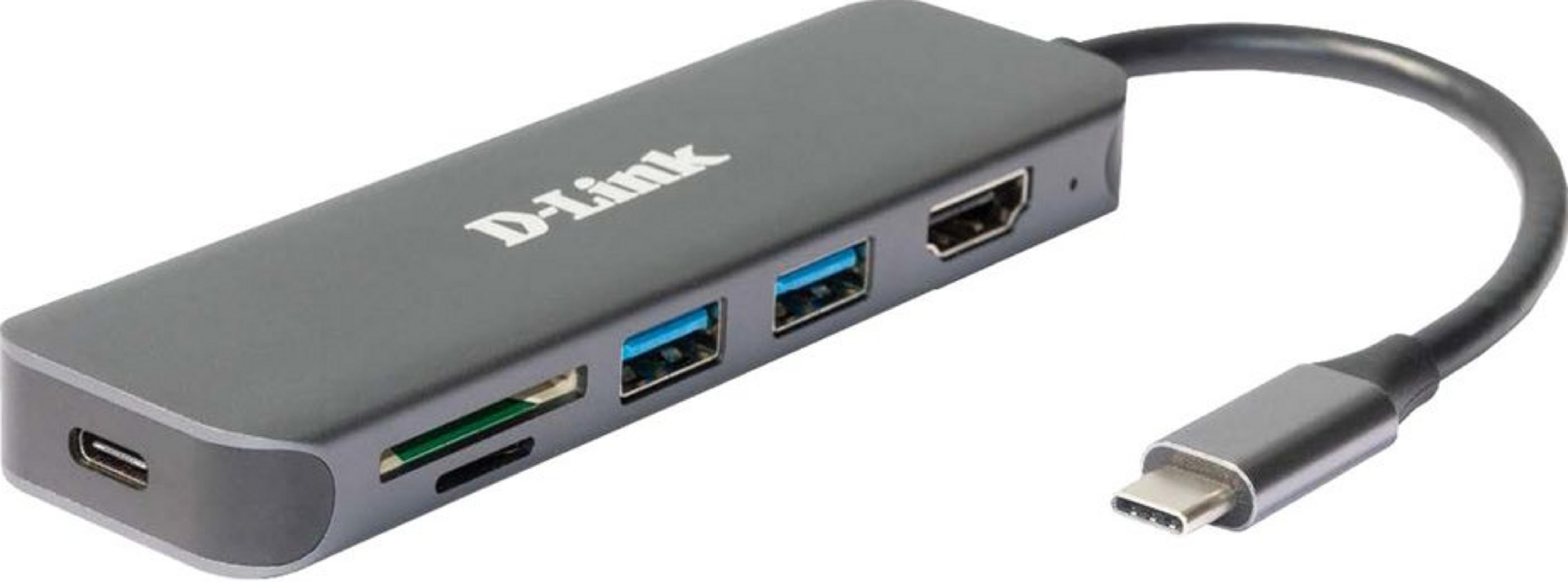 Grauer D-Link USB-C Hub mit SD-Kartenleser, HDMI und USB-Anschlüssen.