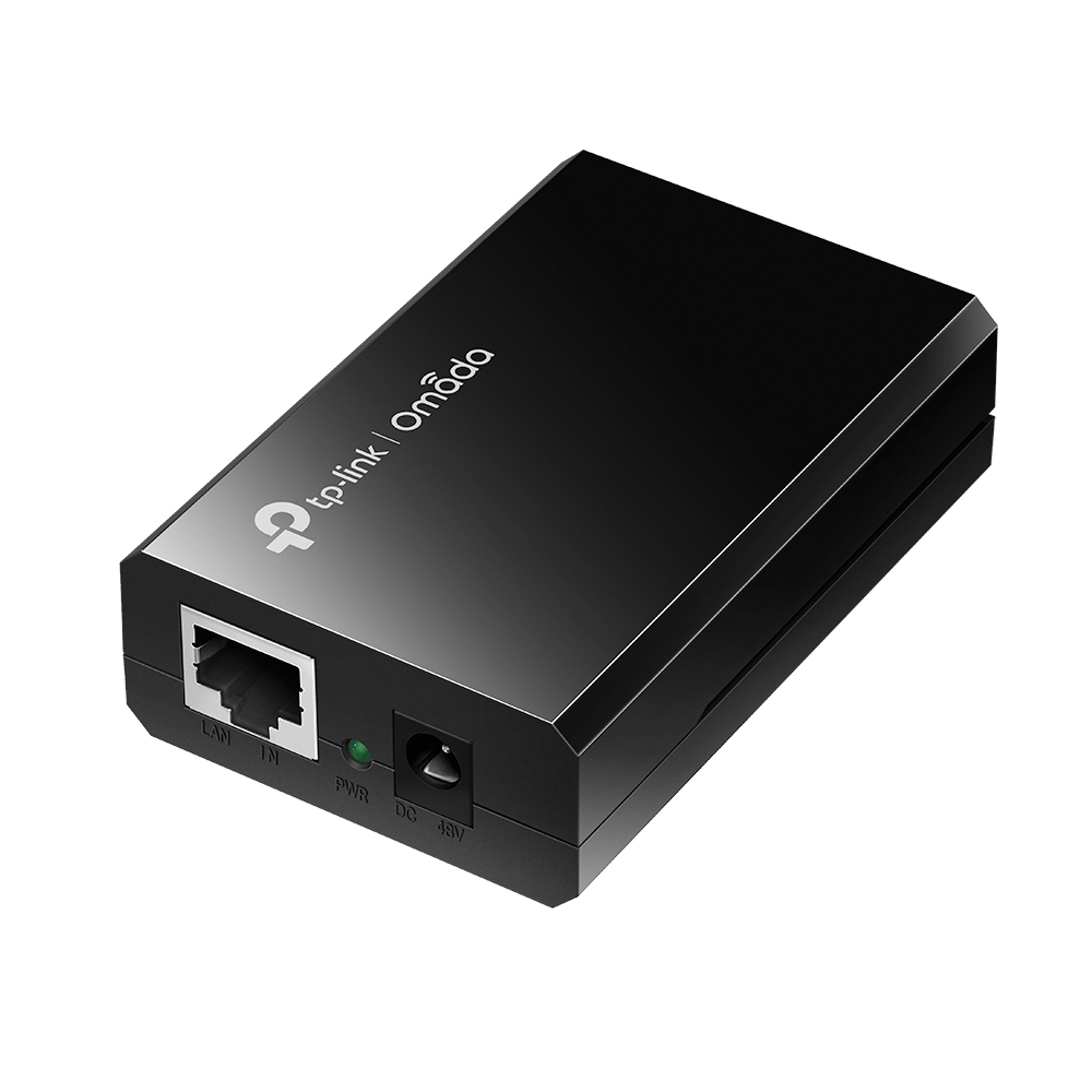 Iniettore PoE TP-Link Omada nero con porte LAN IN, PWR e DC 48V.