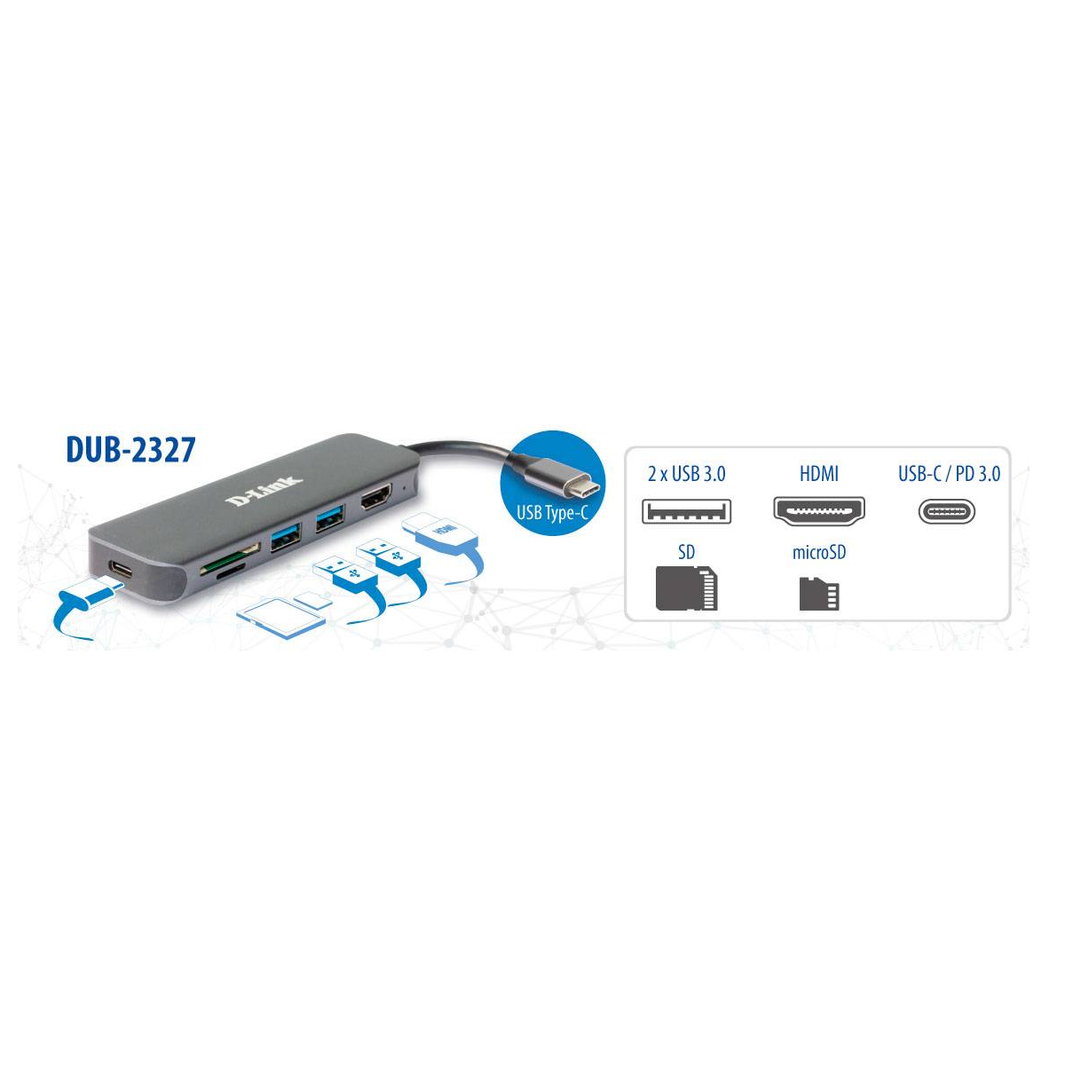Grauer D-Link DUB-2327 USB-C Hub mit 2x USB 3.0, HDMI, SD, microSD Anschlüssen.