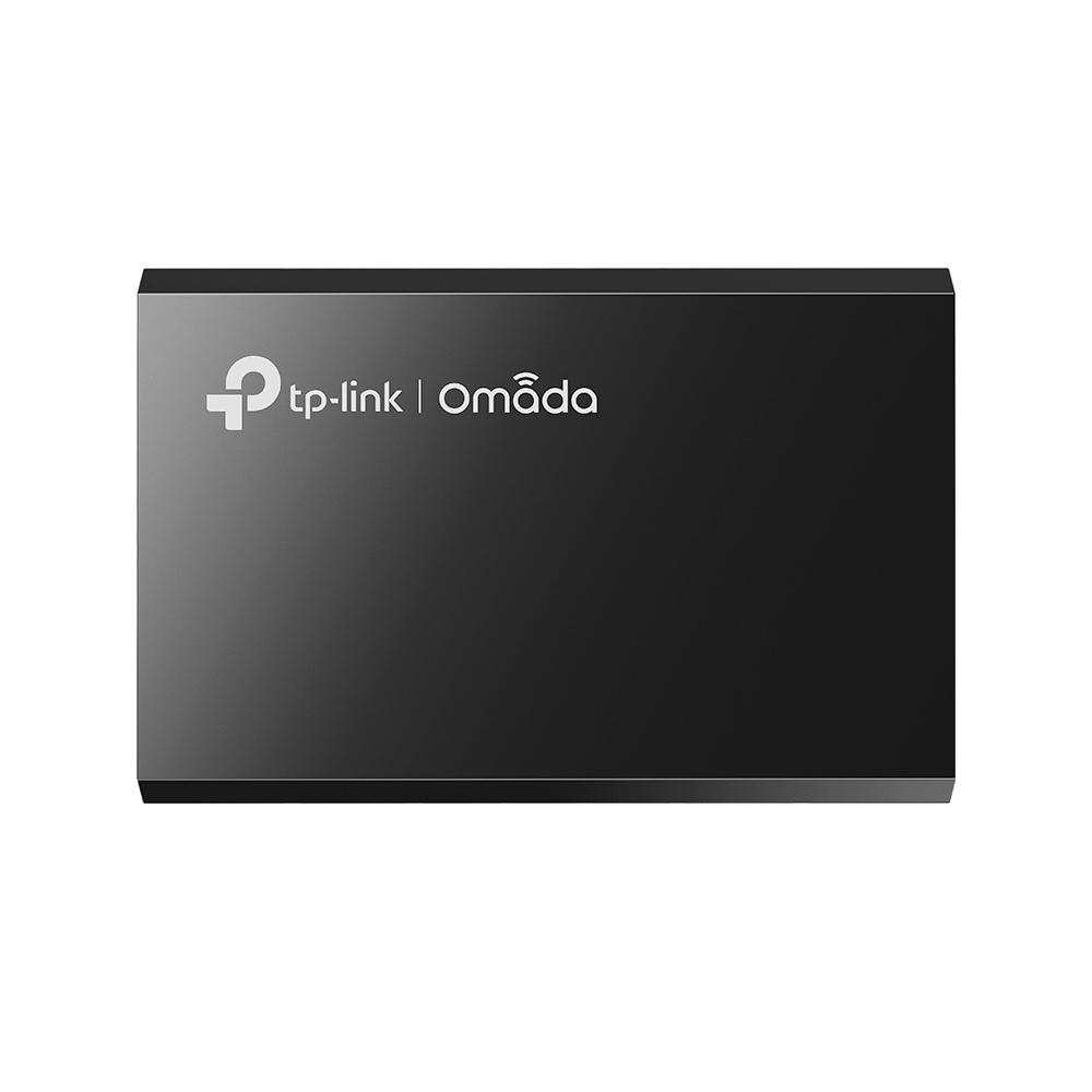 Un dispositivo TP-Link Omada nero e rettangolare con logo argentato su sfondo bianco.