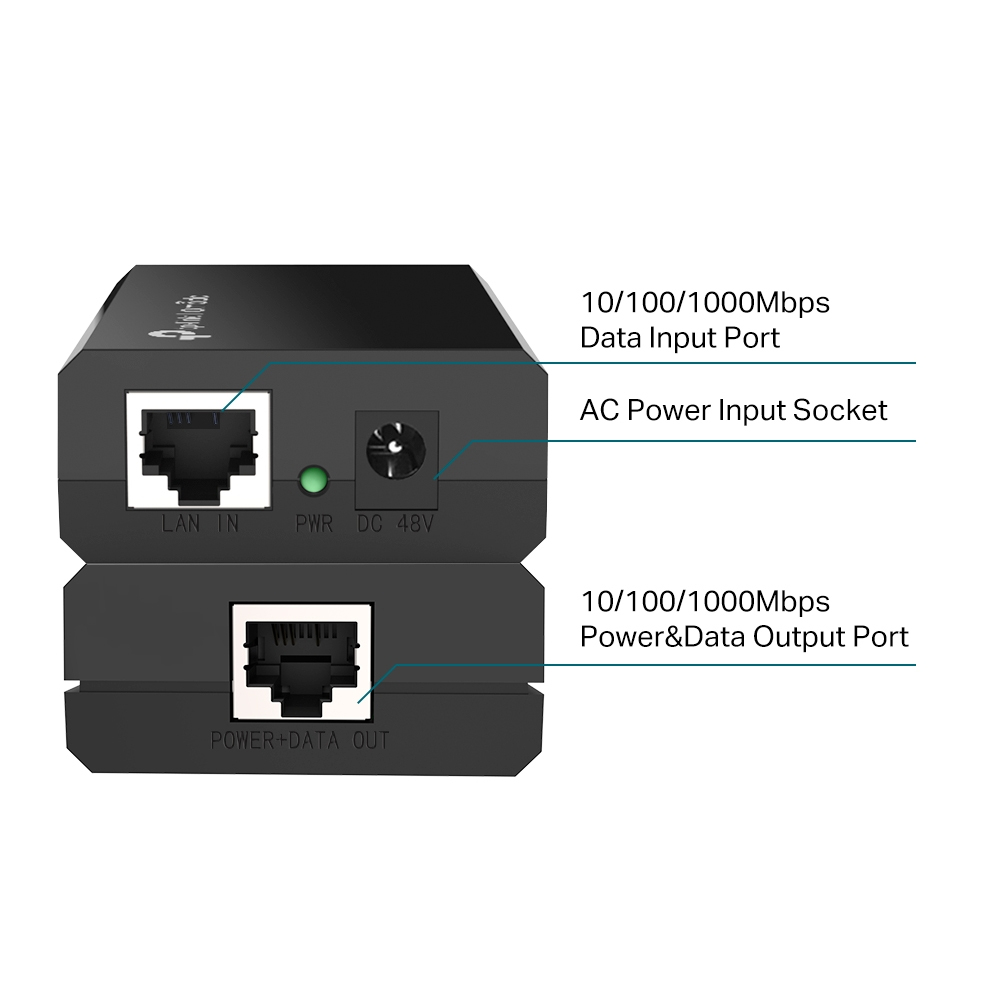 Due adattatori di rete neri impilati, etichettati LAN IN, PWR, DC 48V e POWER+DATA OUT.