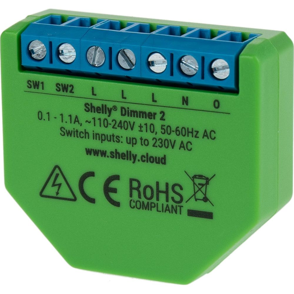 Modulo verde Shelly Dimmer 2 con morsetti a vite blu ed etichette.