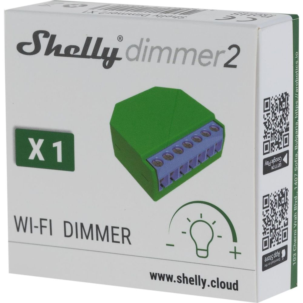 Confezione Shelly Dimmer 2, mostra dispositivo verde e codici QR.