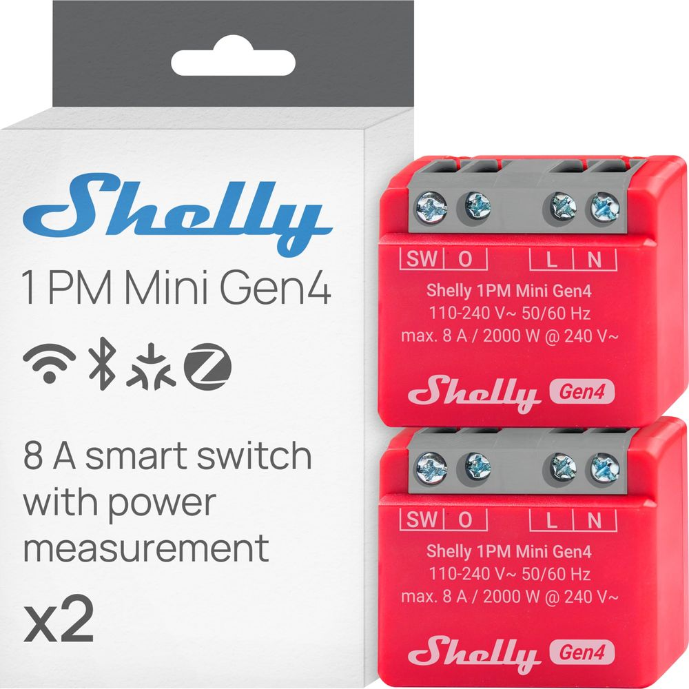 Dwa czerwone inteligentne przełączniki Shelly 1PM Mini Gen4 z pomiarem mocy.