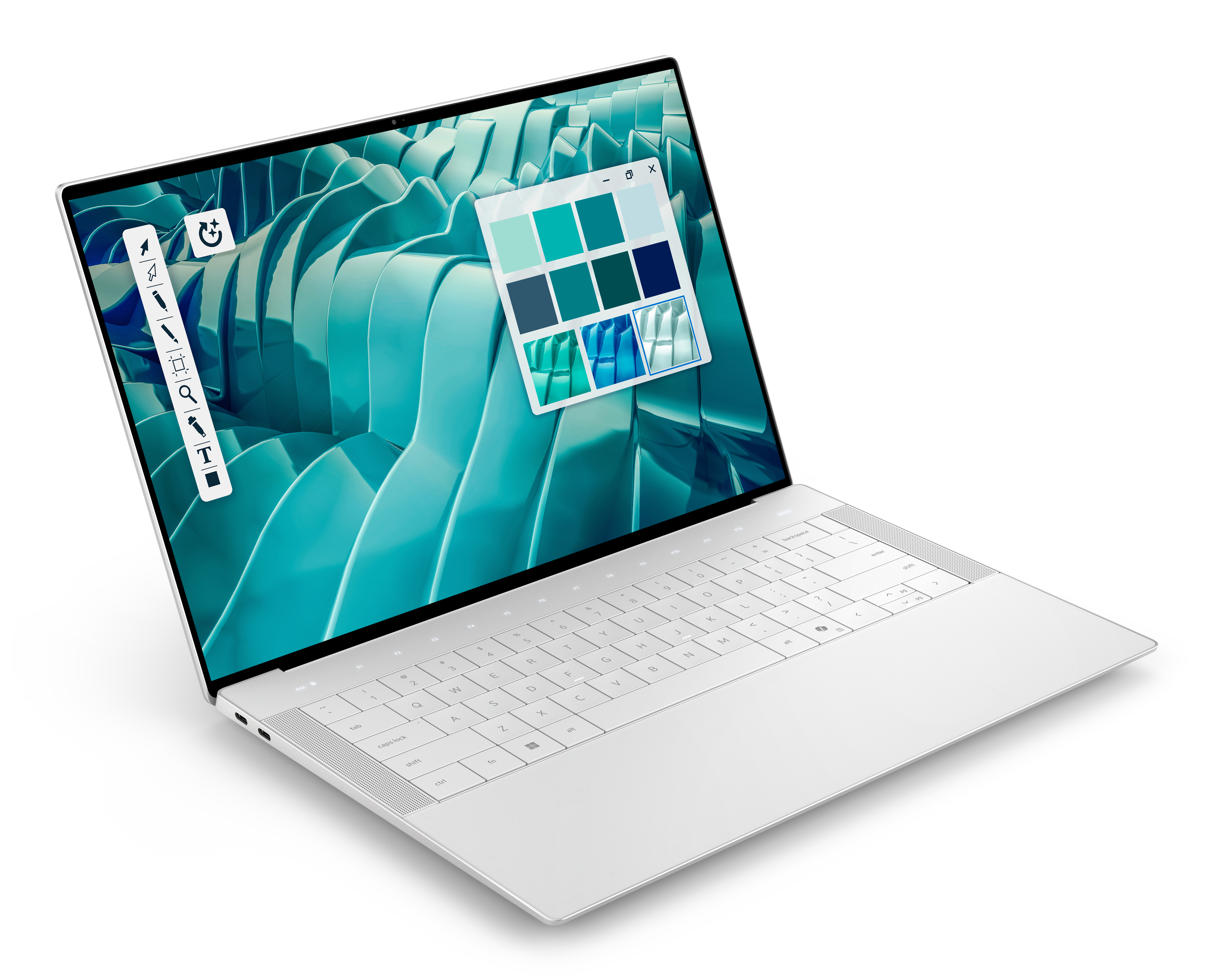 Een witte laptop met een turkooizen, golvende achtergrond en een kleurenstaalvenster.