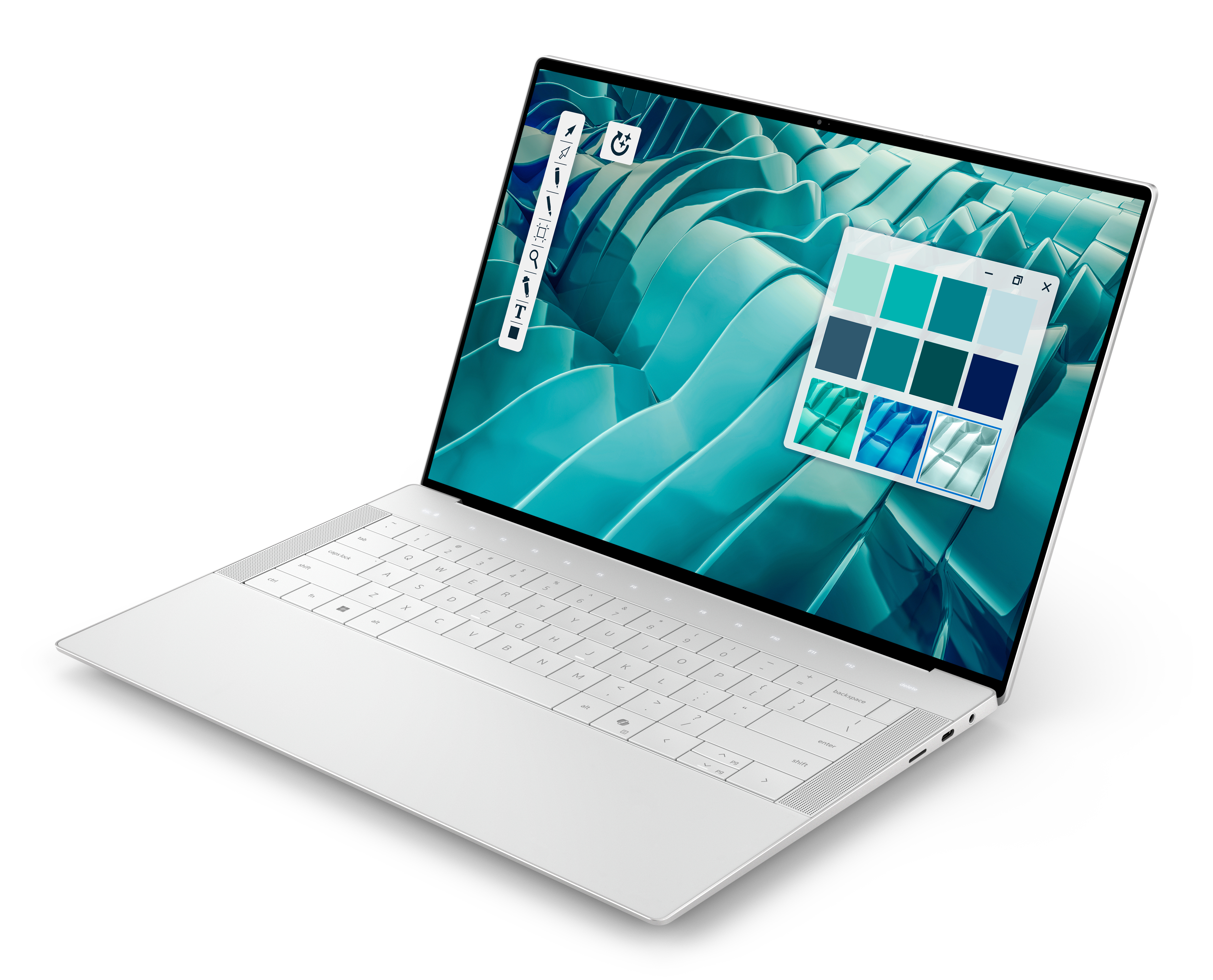 Een witte laptop toont een blauwe abstracte achtergrond en een kleurenstaalvenster.