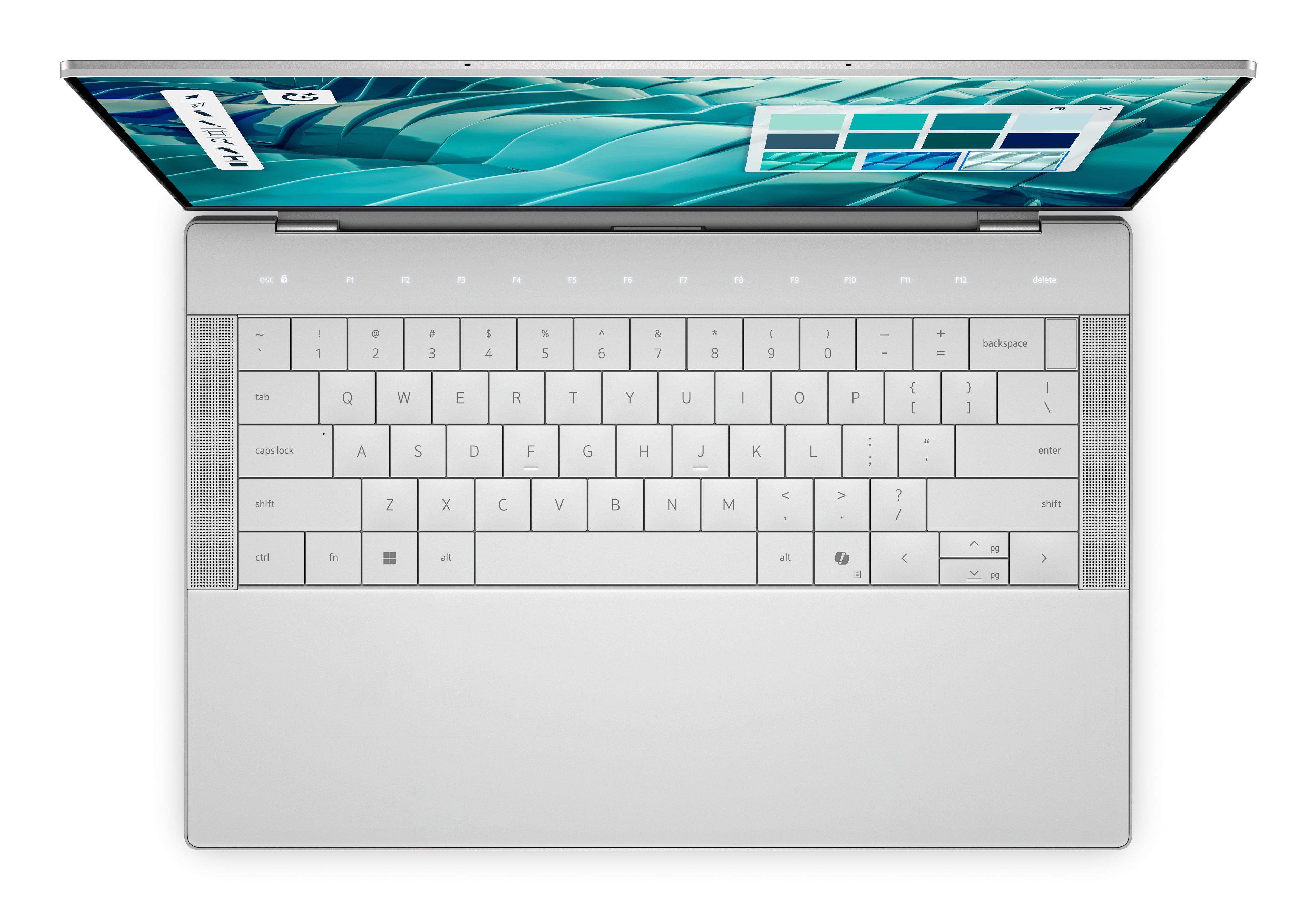Een open zilveren laptop met een abstracte turkooizen achtergrond op het scherm.