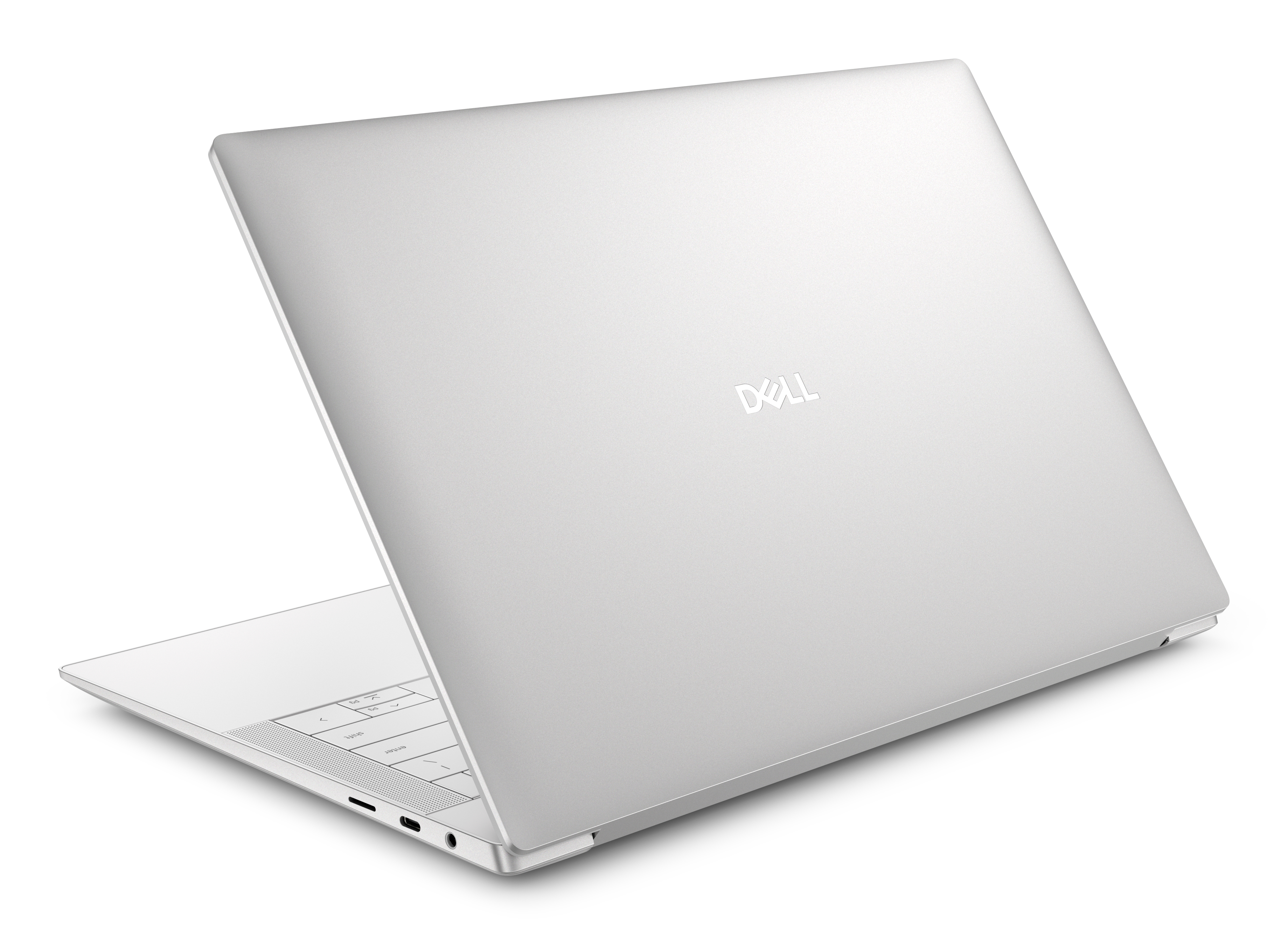 Een zilveren Dell laptop, van achteren gezien met het scherm open.