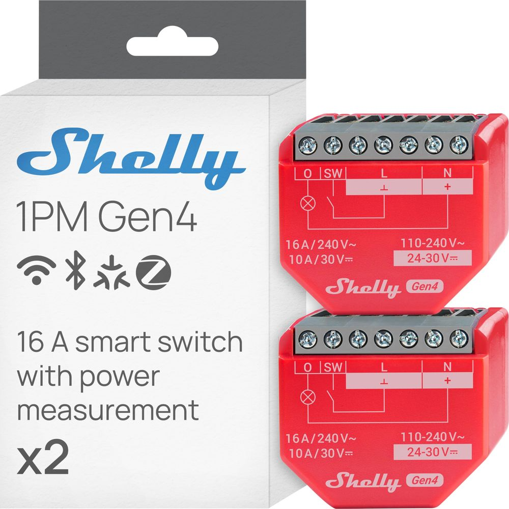 Due interruttori intelligenti Shelly 1PM Gen4 con misurazione di potenza su confezione bianca.