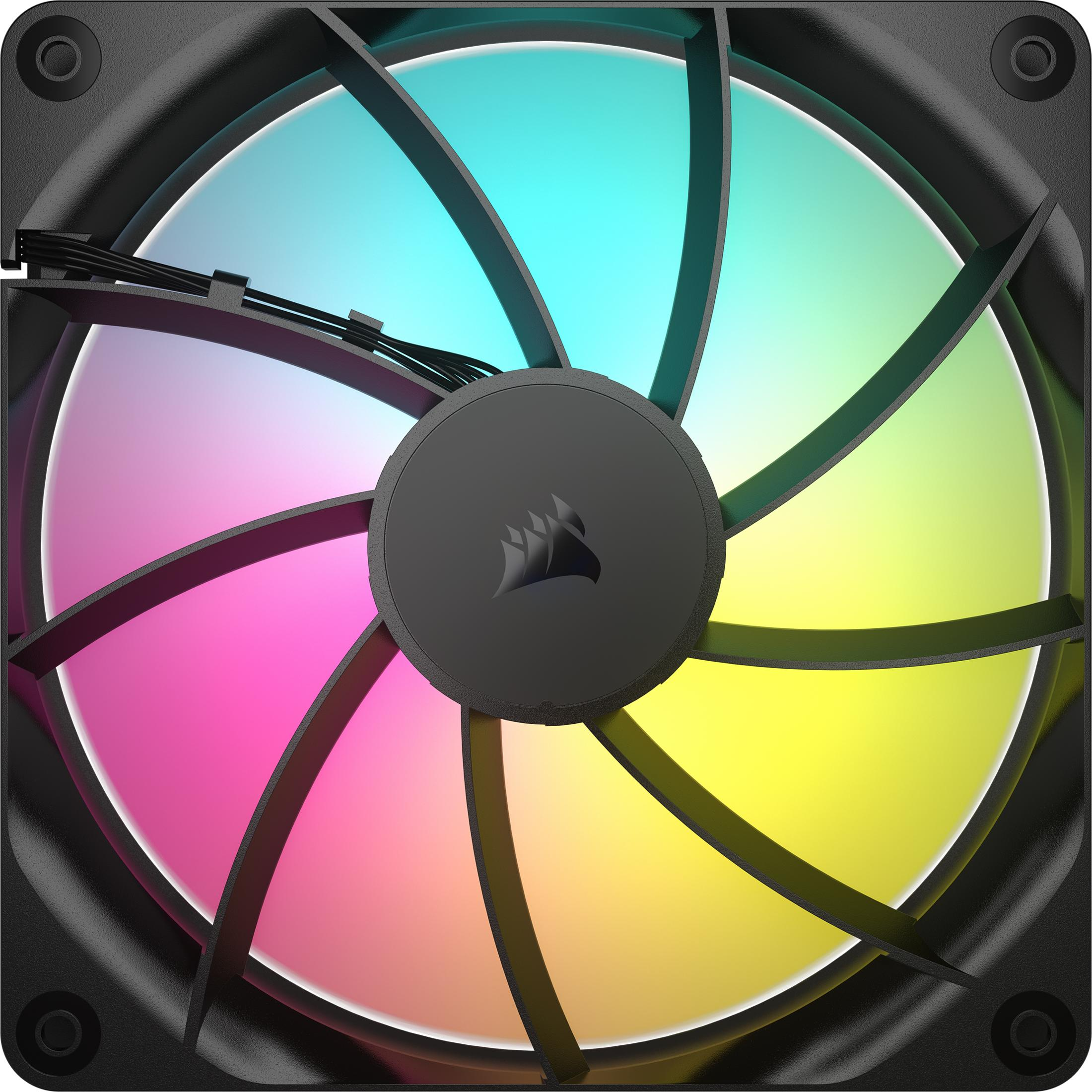 Un ventilador de computadora negro con LEDs RGB coloridos en amarillo, rosa y azul.