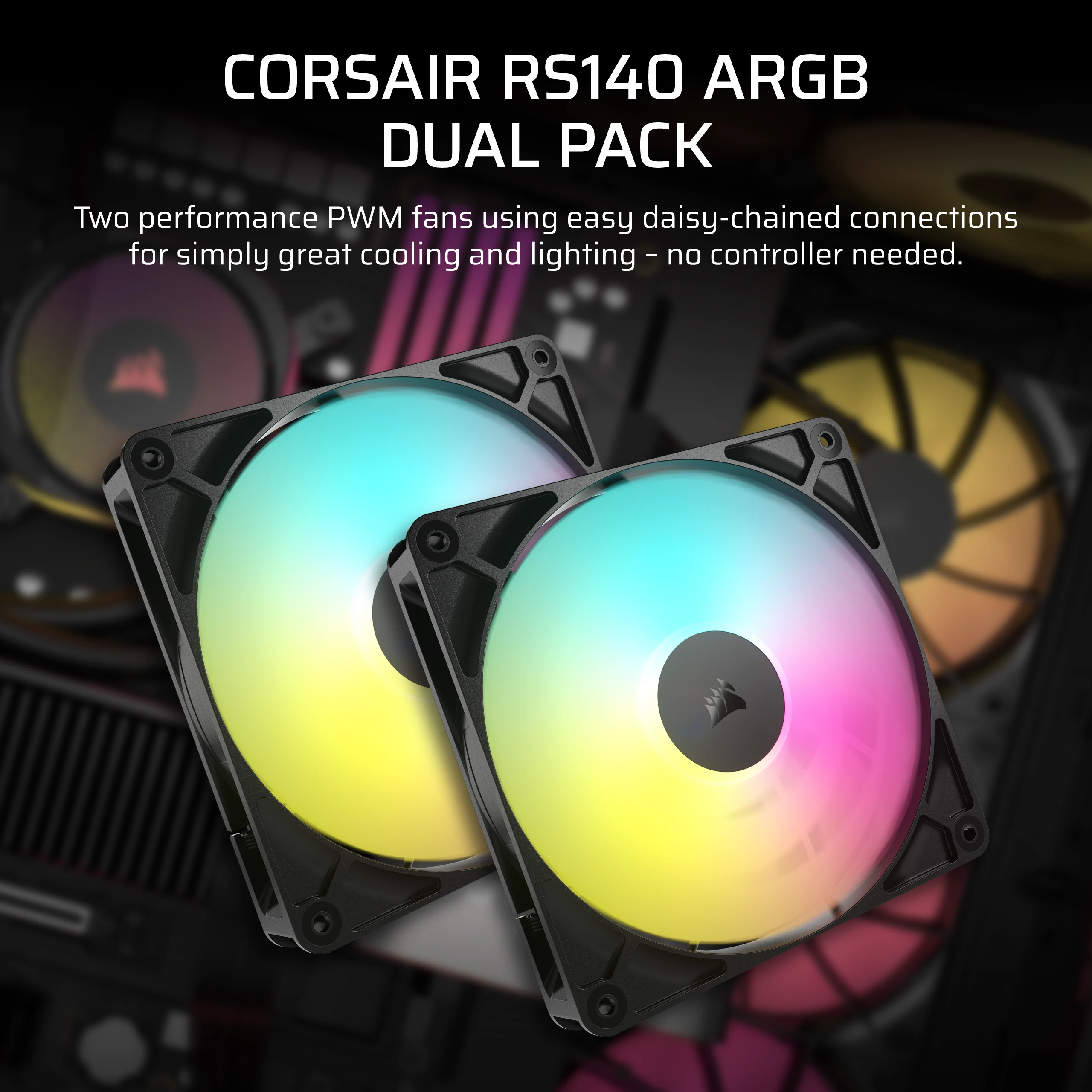 Dos ventiladores Corsair RS140 ARGB con luces de colores y marcos negros.