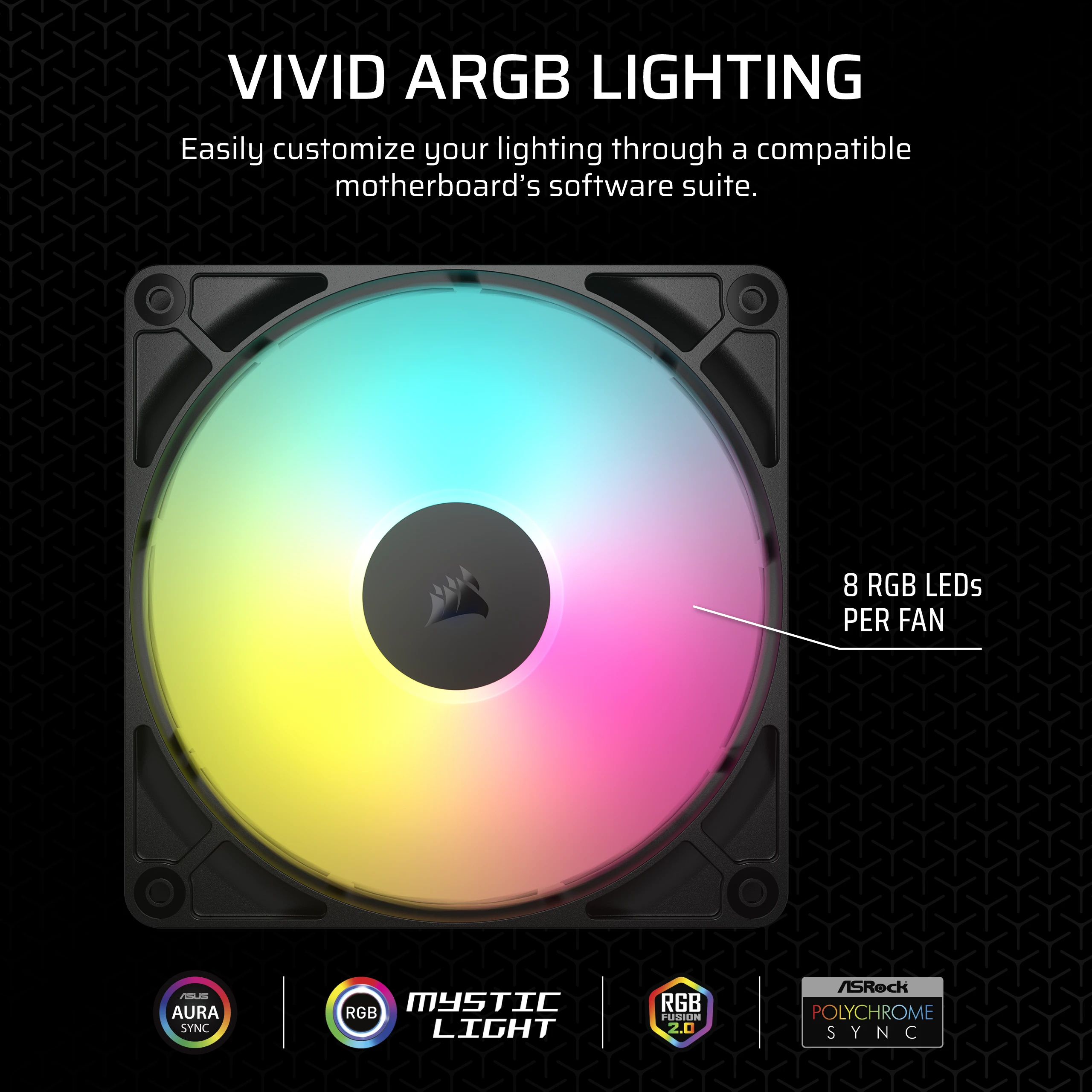Un ventilador de PC con iluminación ARGB en tonos azules, verdes, amarillos y rosas.