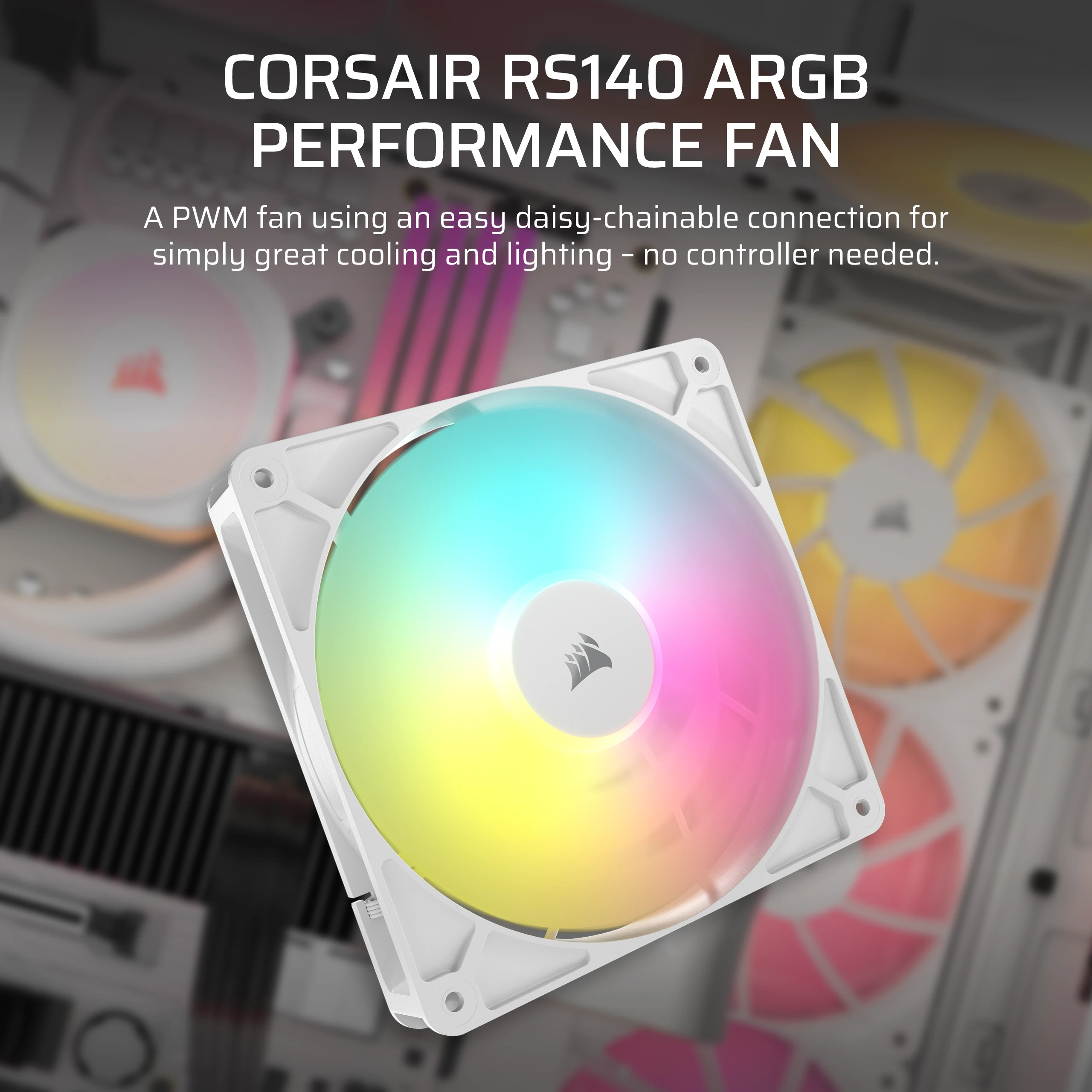Una ventola PC bianca con illuminazione RGB arcobaleno.