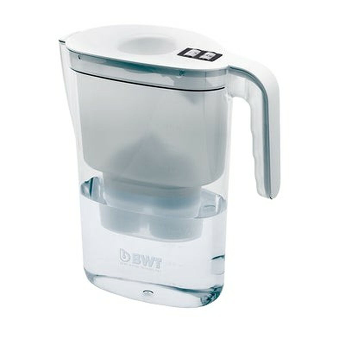 Caraffa filtrante per acqua bianca con display digitale e serbatoio trasparente.