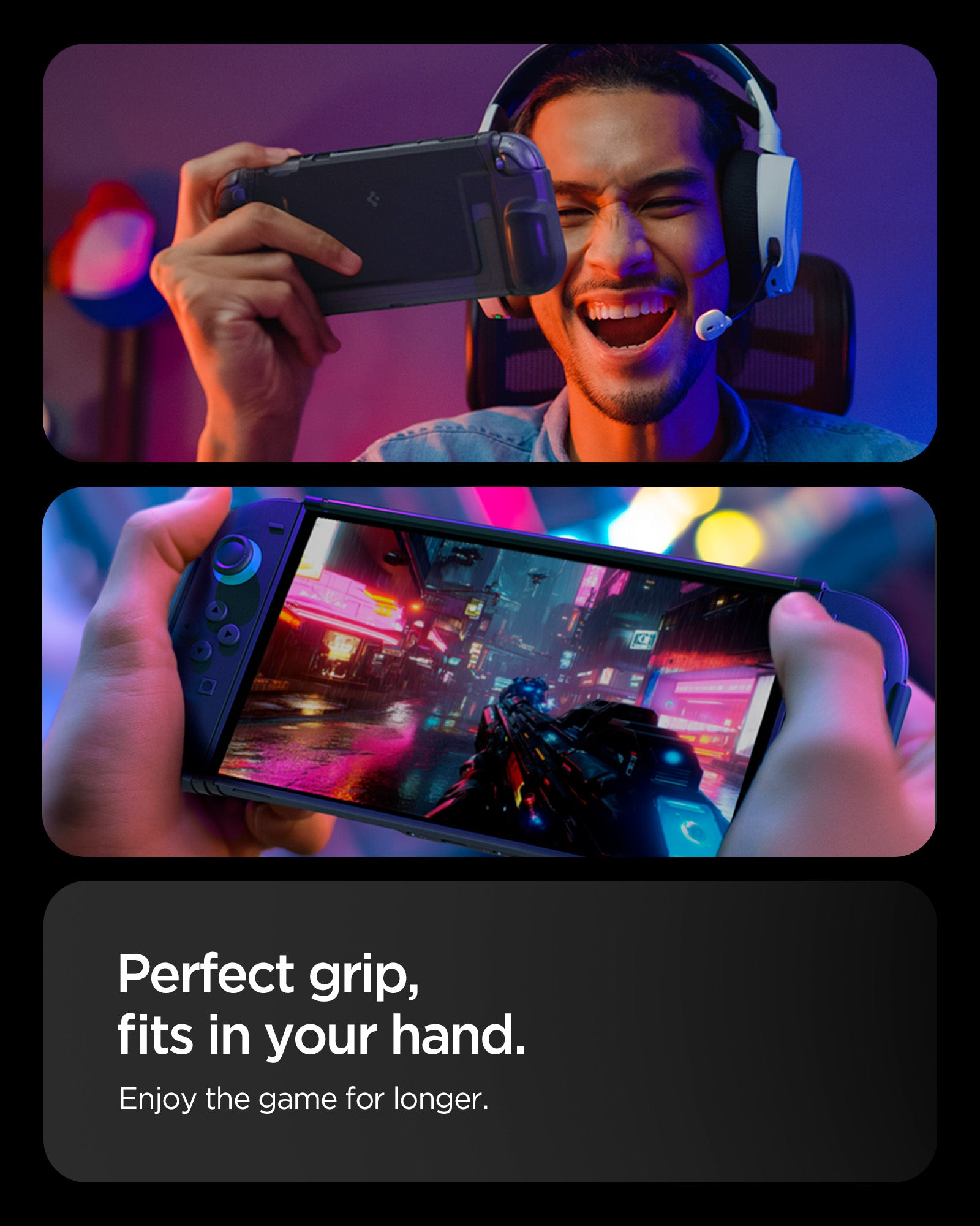 Uomo con cuffie gioca, mani tengono console portatile con gioco cyberpunk.