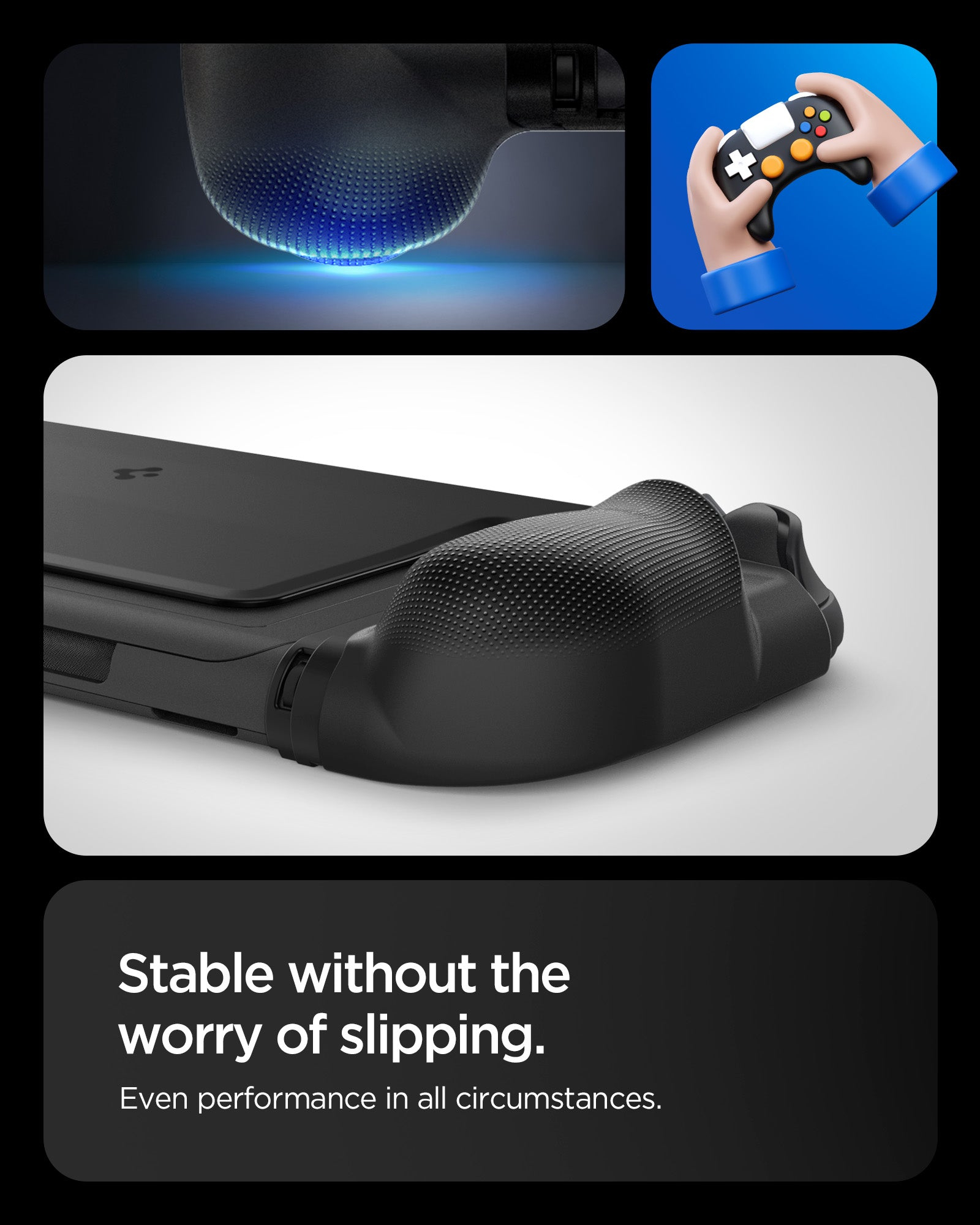 Impugnatura nera per smartphone con grip testurizzati e illuminazione blu.