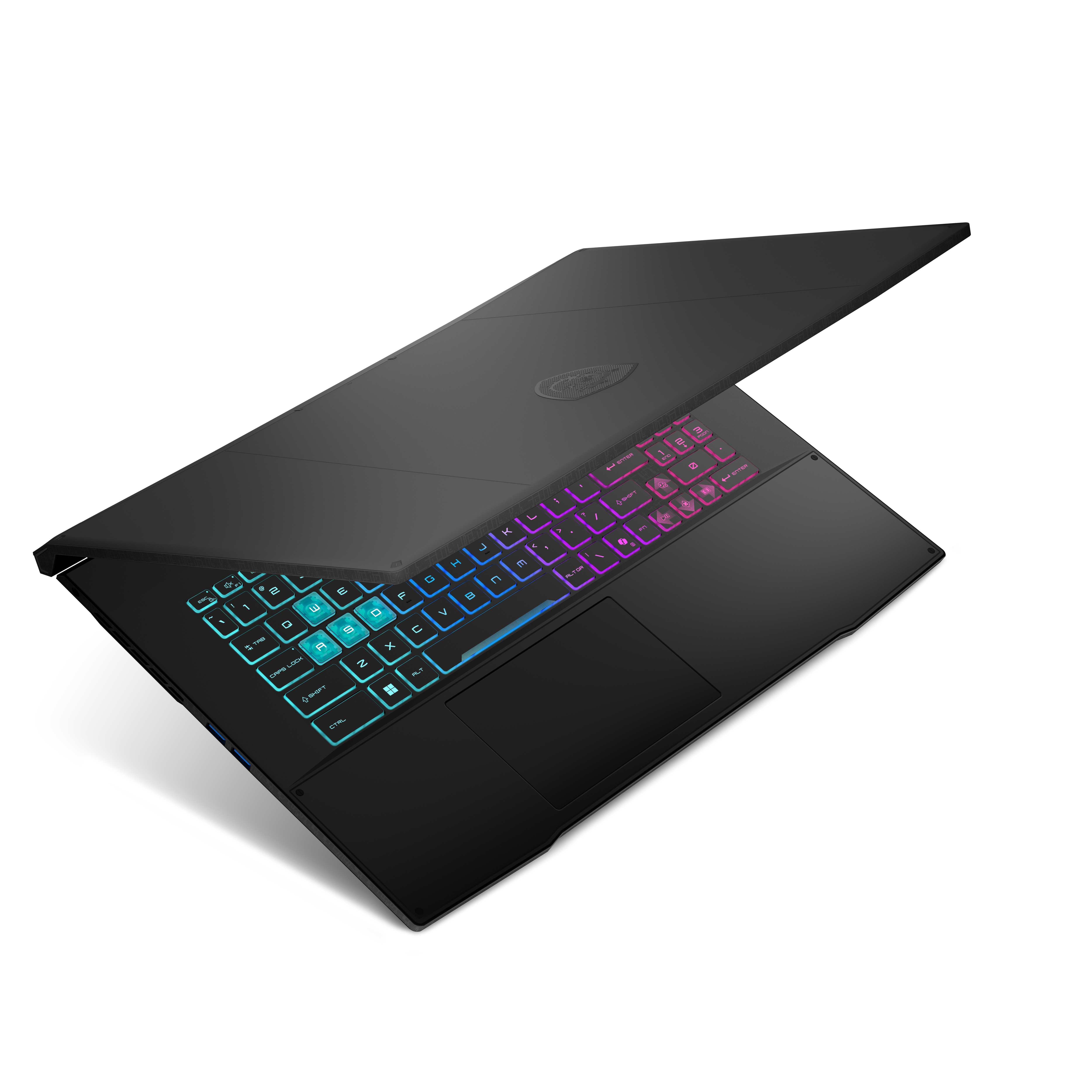 Een zwarte laptop met een blauw en roze verlicht toetsenbord.