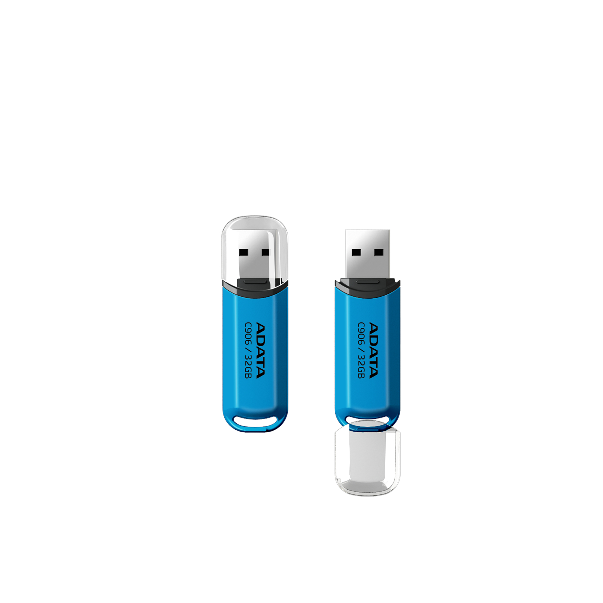 Due chiavette USB ADATA blu da 32GB, una con cappuccio, l'altra senza.