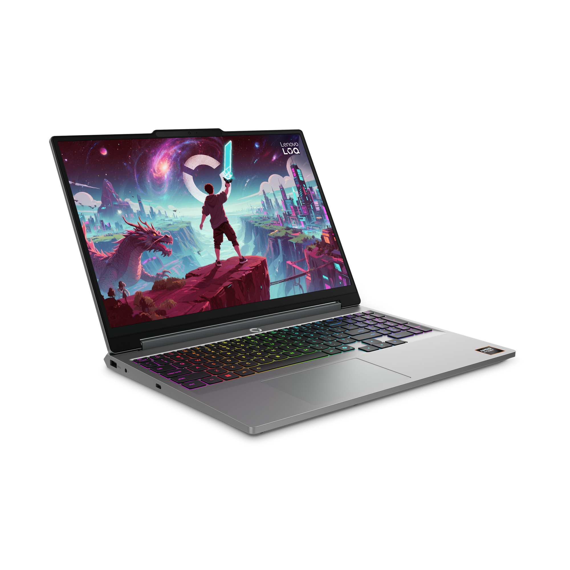 Un laptop mostra un'immagine fantasy con un drago e una città.