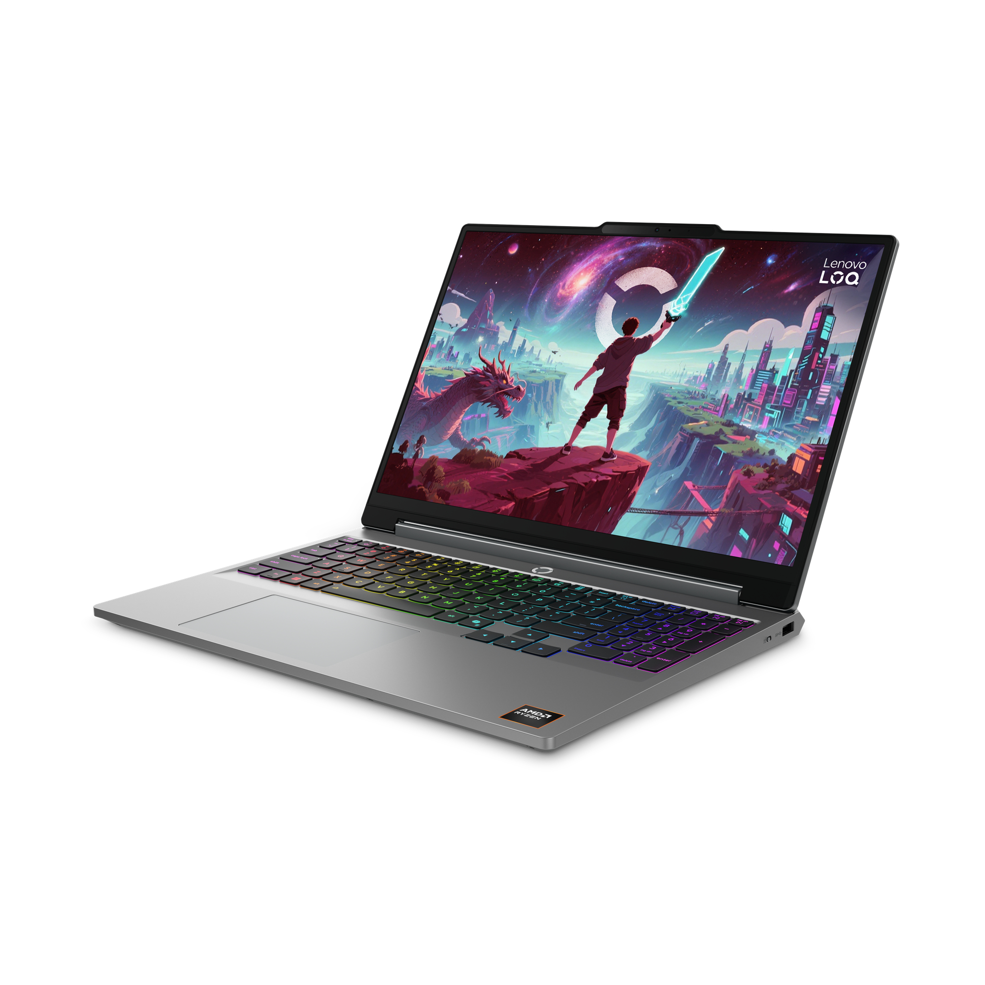 Un laptop che mostra uno schermo di gioco colorato con un drago e una città.