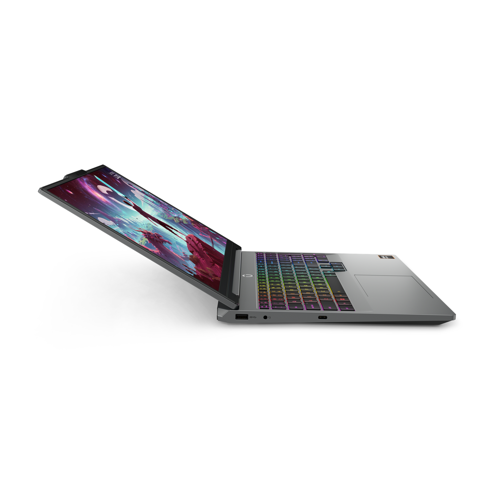 Laptop grigio con tastiera illuminata e sfondo colorato dello schermo.