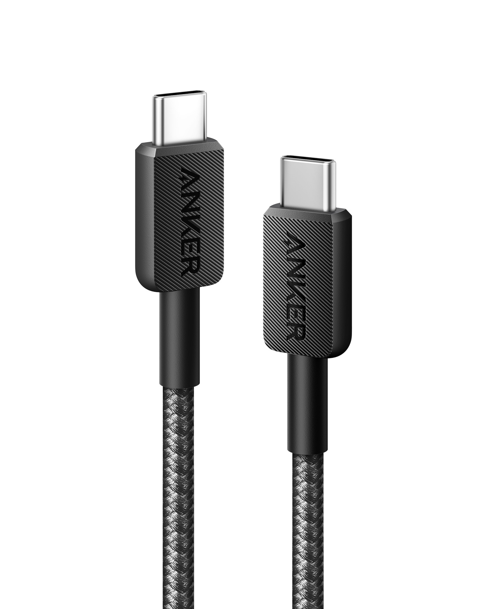 Zwei schwarze Anker-USB-C-Kabel mit Stoffummantelung und silbernen Anschlüssen.