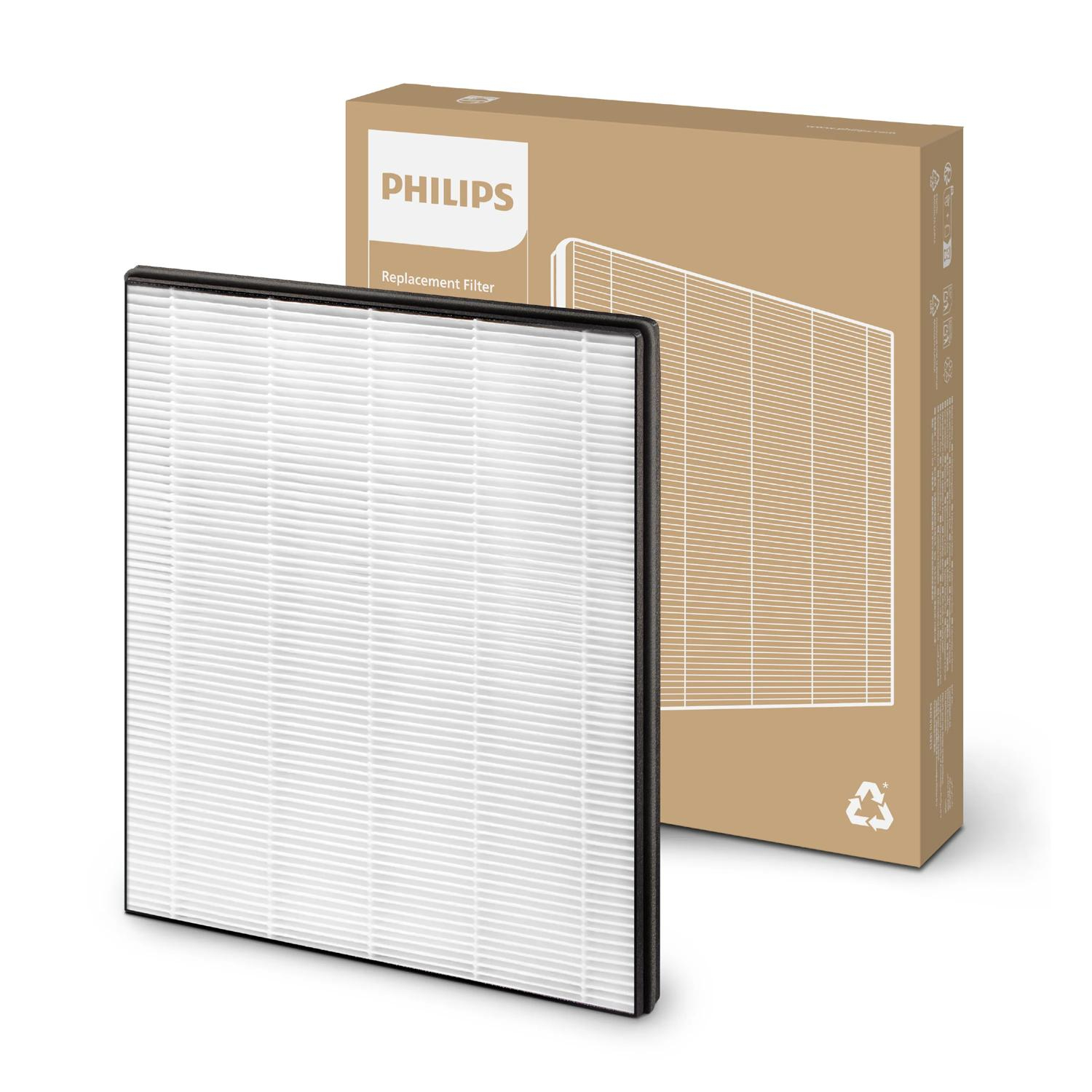 Ein Philips Ersatzfilter für Luftreiniger, weiß mit schwarzem Rahmen.