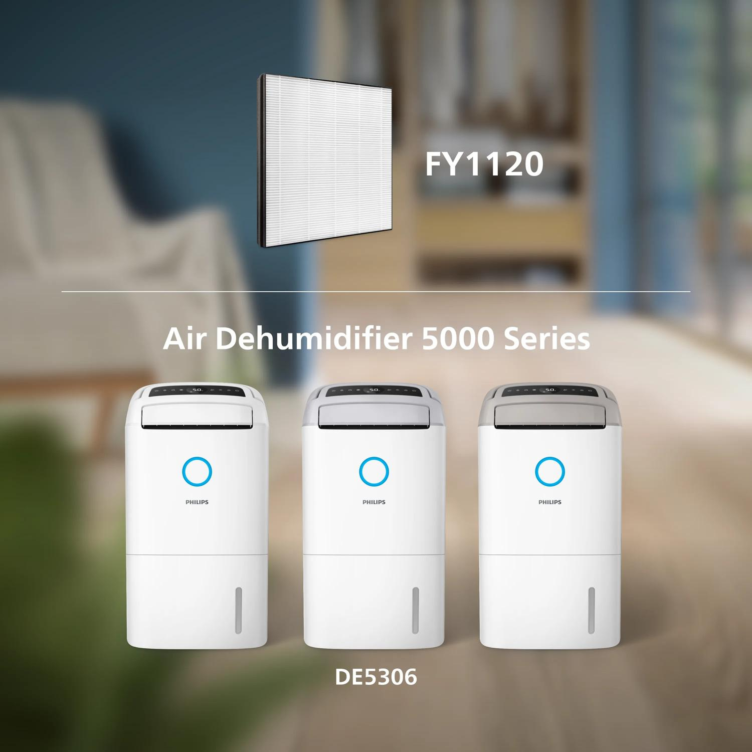 Drei weiße Philips Luftentfeuchter mit blauen Ringen und einem Filter FY1120.