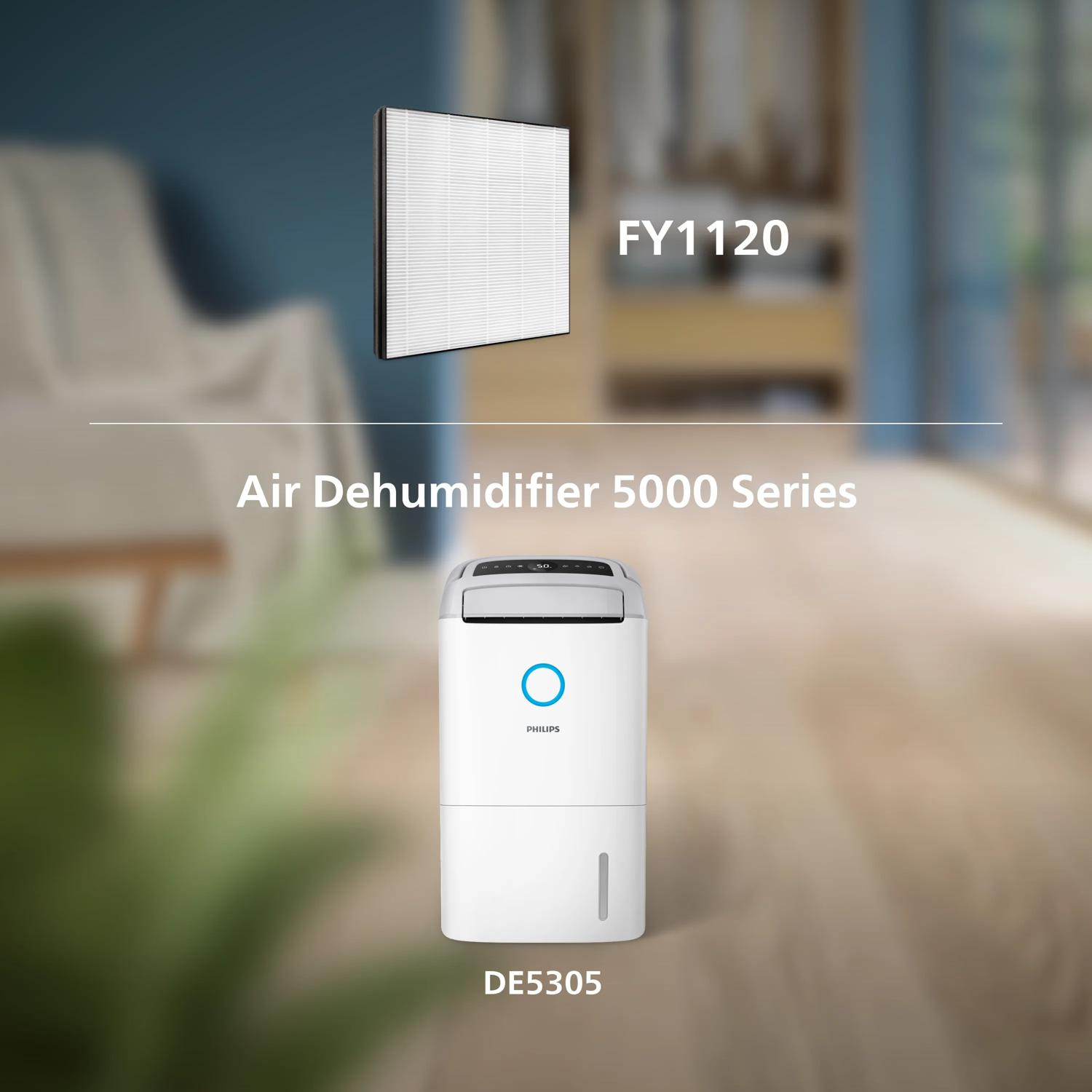 Ein weißer Luftentfeuchter DE5305 von Philips mit Luftfilter FY1120.