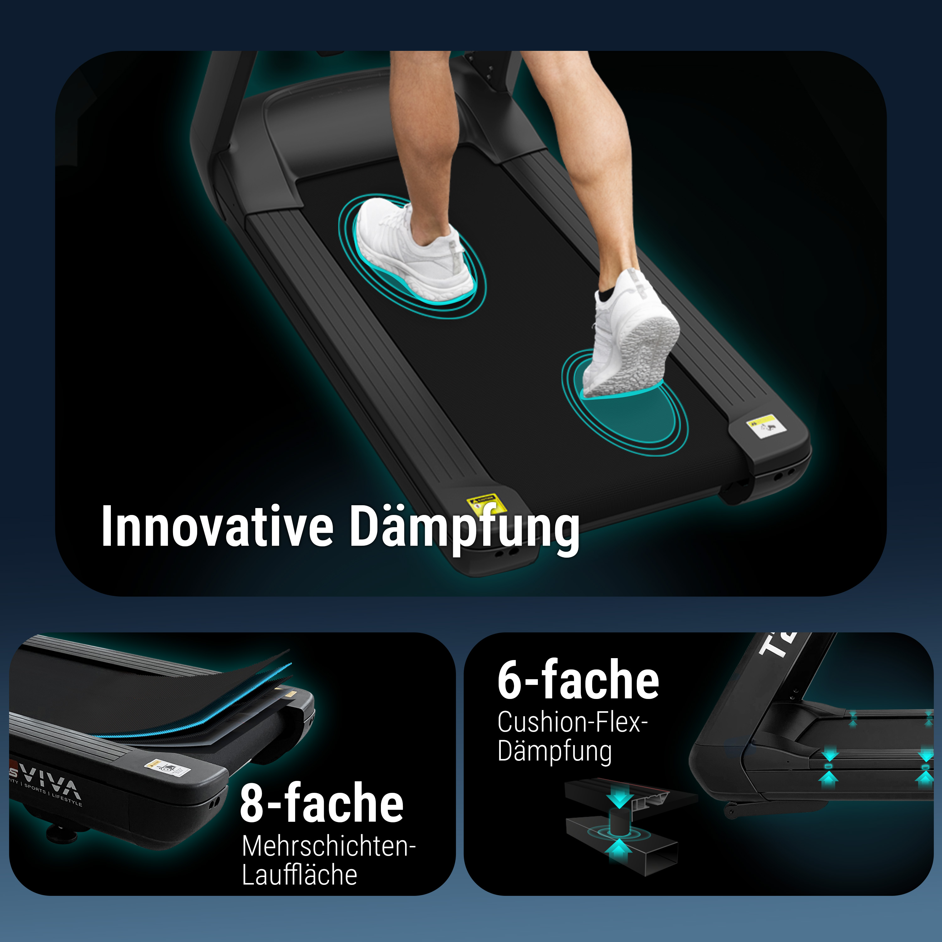 Nahaufnahme von Laufschuhen auf einem Laufband mit Hervorhebungen der Dämpfung.